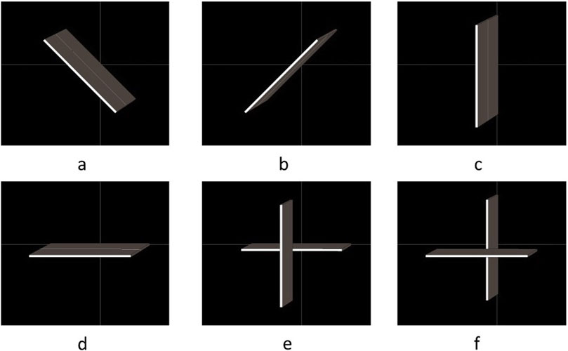 Six panels labeled a to f, each showing a three-dimensional rotation of a rectangle against a black background. Panel a shows the rectangle tilted to the left. Panel b tilts it further backward. Panel c positions it vertically. Panel d places it horizontally. Panels e and f show a combination of vertical and horizontal orientations, forming a cross shape.