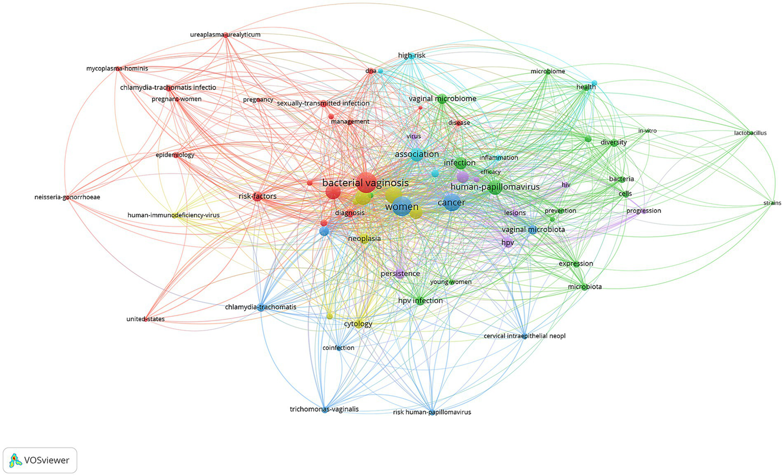 Network visualization graph showing relationships between various terms related to women's health and infections. Central nodes include "bacterial vaginosis," "women," and "human papillomavirus," with connections to terms like "sexual transmitted infection," "cancer," and "microbiome." Different colored lines and nodes indicate clusters and relationships, with "VOSviewer" logo in the corner.