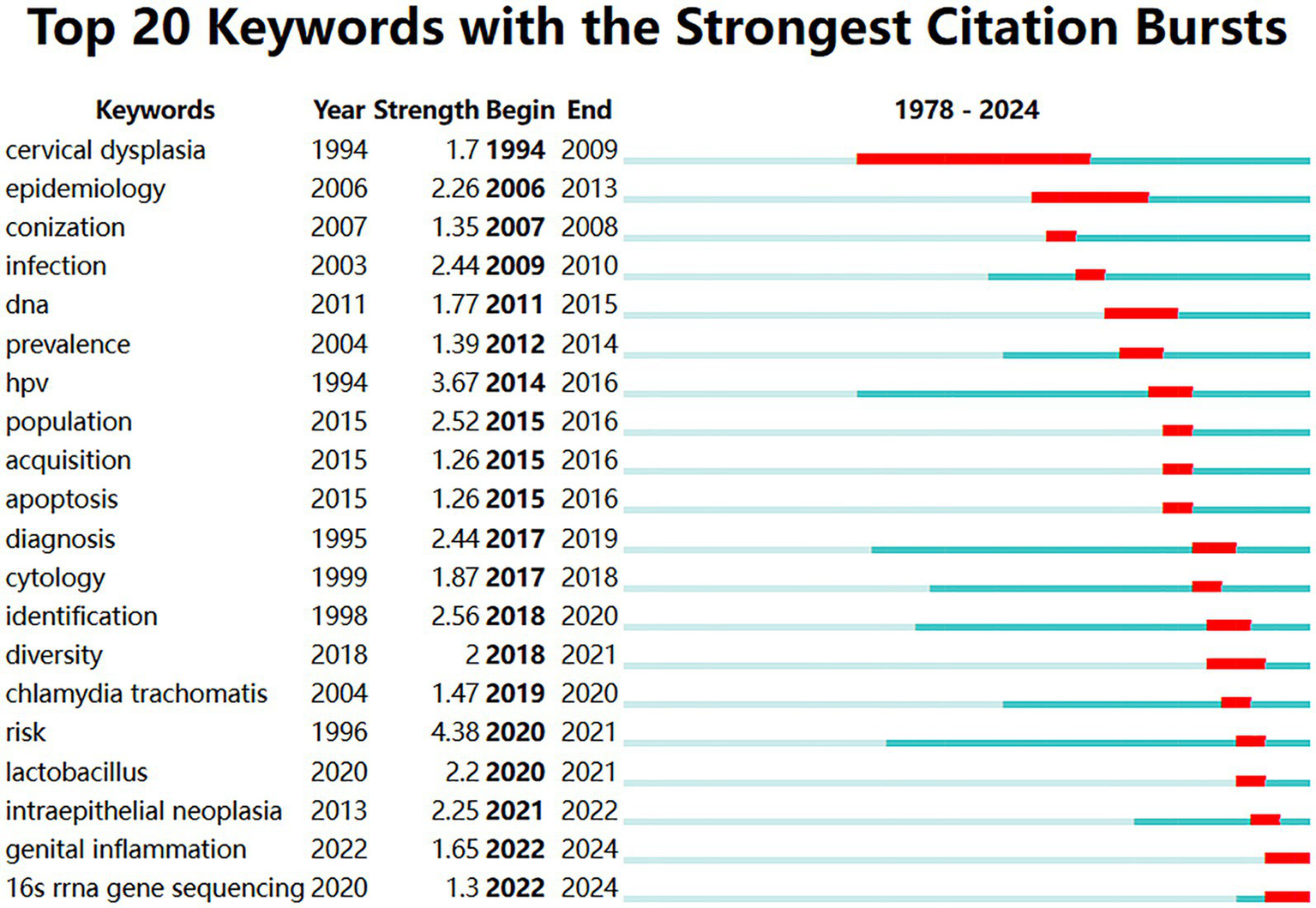 Top twenty keywords with the strongest citation bursts between 1978 and 2024 are displayed in a table and graph format. Keywords include "cervical dysplasia," "epidemiology," and "hpv," among others. Each keyword's citation strength, year of burst start, and end are detailed, with visual red bars indicating burst duration and intensity. "Risk" shows the highest strength at 4.38, active from 2020 to 2021.