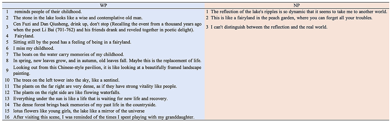 A table divided into two columns titled “WP” and “NP.” The WP column has 16 numbered entries, including descriptions of childhood memories, natural scenes, and reflective thoughts. The NP column has 3 entries, discussing the dynamic reflection of a lake, a fairytale-like garden, and indistinguishable reflections.
