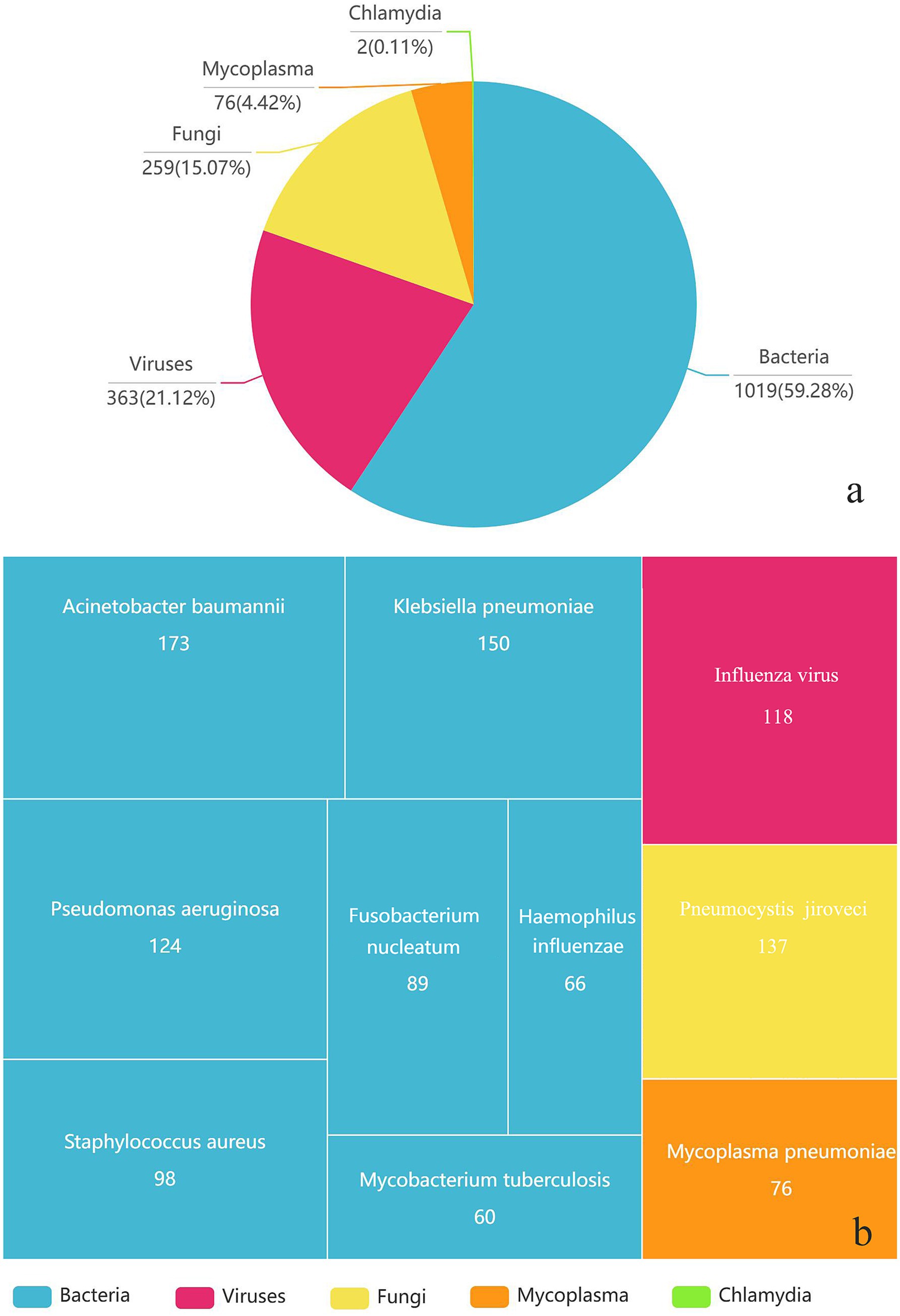 Pie chart and treemap visualizing pathogen distribution. The pie chart shows major categories: Bacteria (59.28%), Viruses (21.12%), Fungi (15.07%), Mycoplasma (4.42%), and Chlamydia (0.11%). The treemap details specific pathogens, with Acinetobacter baumannii, Klebsiella pneumoniae, and Pseudomonas aeruginosa prominently represented.