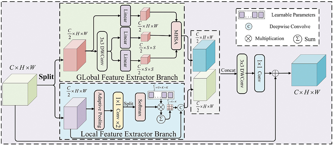 Diagram illustrating a neural network architecture with two branches: Global Feature Extractor and Local Feature Extractor. The input is split into two paths, each with specific layers. The Global branch includes a depthwise convolution and multiple linear transformations, leading to a Multi-Head Self-Attention (MHSA) module. The Local branch features adaptive pooling, a convolutional layer, and operations like split and softmax. Both branches recombine using concatenation, followed by a depthwise convolution and final layer operations, resulting in the output. Icons indicate learnable parameters, operations, and functions.
