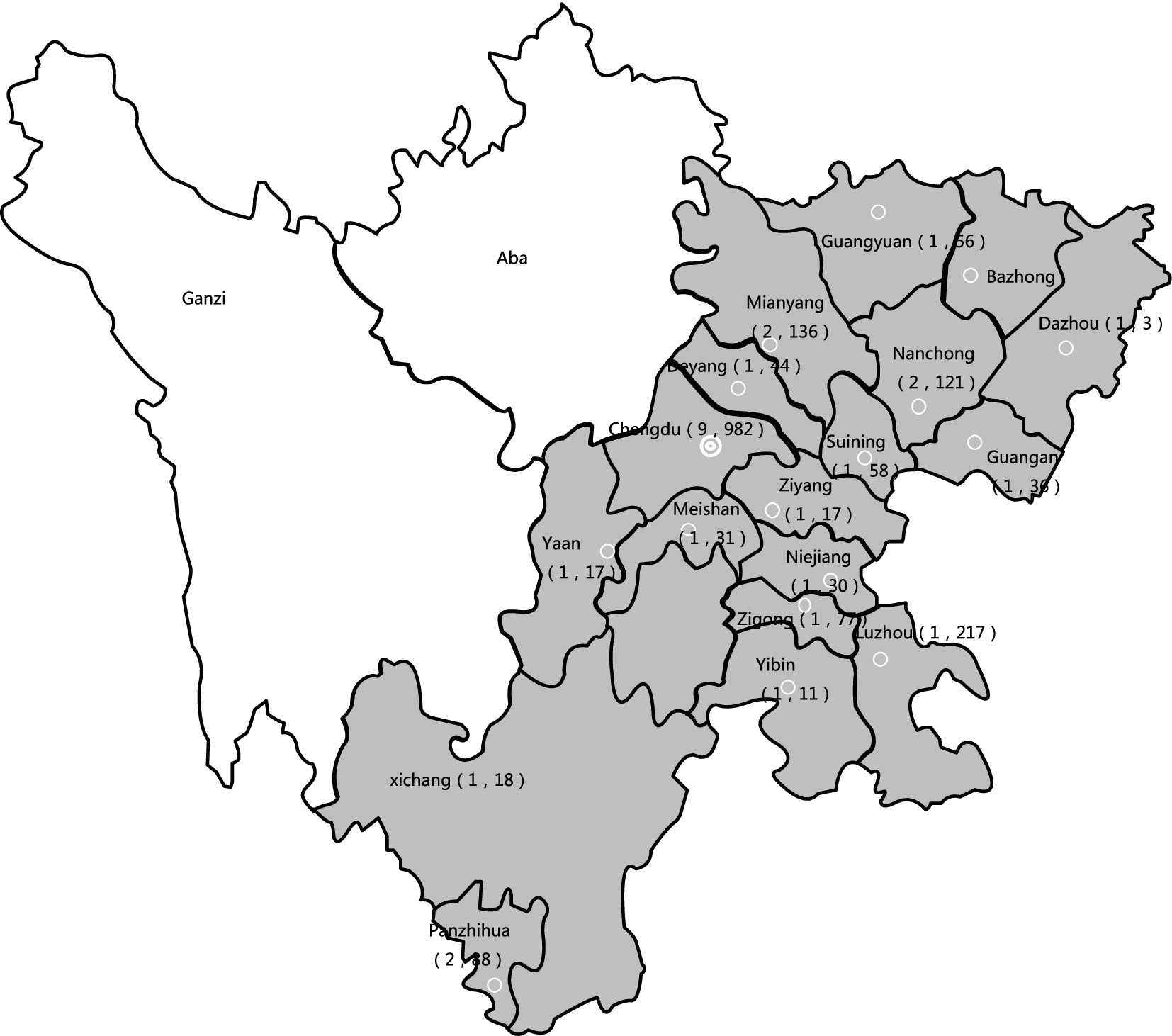 Map of Sichuan Province divided into districts with overlay text showing district names and numerical data. Notable districts include Chengdu (9,982), Mianyang (2,136), and Luzhou (1,217). The map's regions are shaded differently, highlighting geographical boundaries.