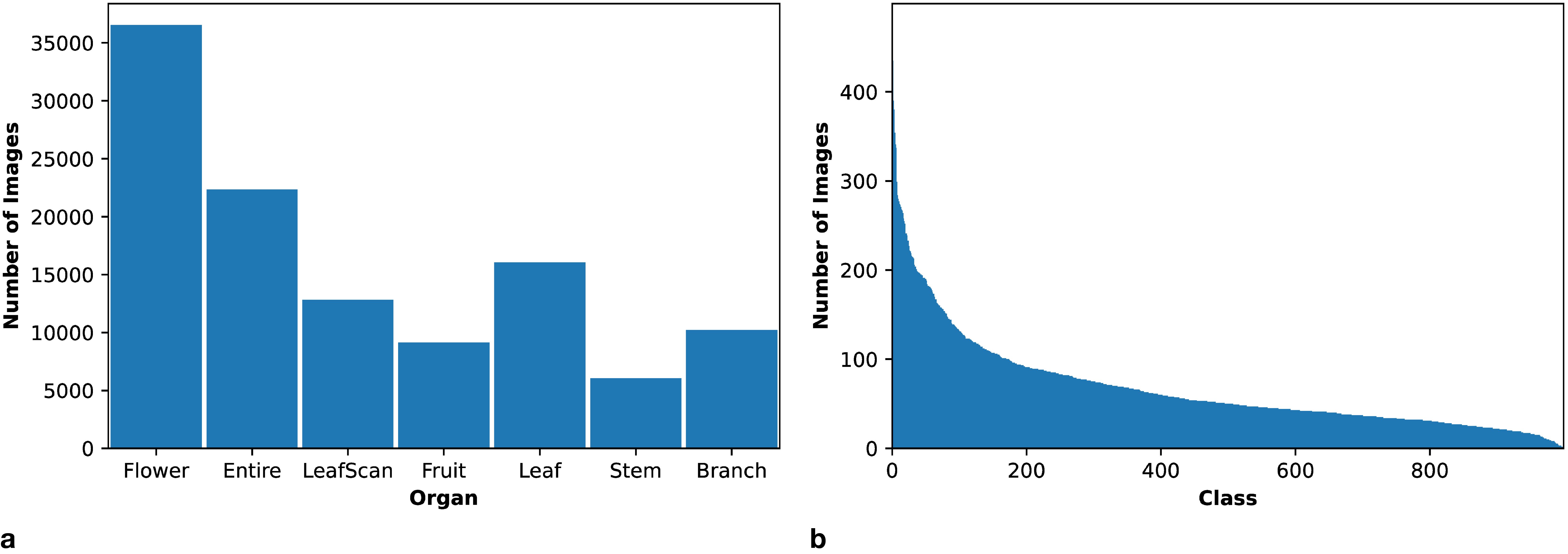 Chart a shows a bar graph with different plant organs on the x-axis and the number of images on the y-axis. Flowers have the most images, followed by leaves, with other organs having fewer. Chart b is a histogram showing a decreasing distribution of images per class, with many images in first classes and tapering off in later classes.