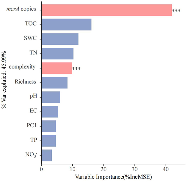 Bar chart showing variable importance in predicting variance explained. “mcrA copies” is the most important variable, highlighted in red, with a high importance of around 45%. “Complexity” also in red, follows at about 10%. Other variables like TOC, SWC, and TN are in blue with decreasing importance. The x-axis represents variable importance (%IncMSE), and the y-axis lists the variables. Total variance explained is 45.99%.