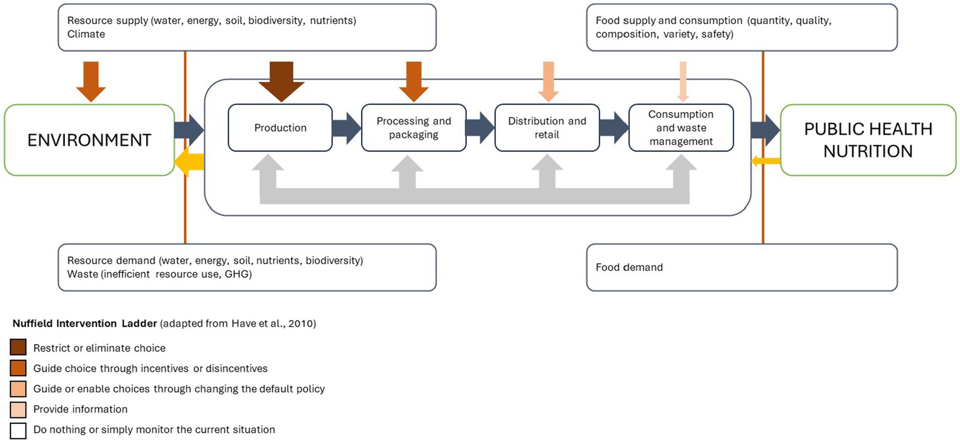 Flowchart depicting the relationship between environment and public health nutrition. It shows stages: production, processing, distribution, and consumption with feedback loops. Factors include resource supply/demand, waste, and food consumption. The Nuffield Intervention Ladder outlines strategies from restricting choices to providing information. Arrows indicate connections and interactions between the elements.