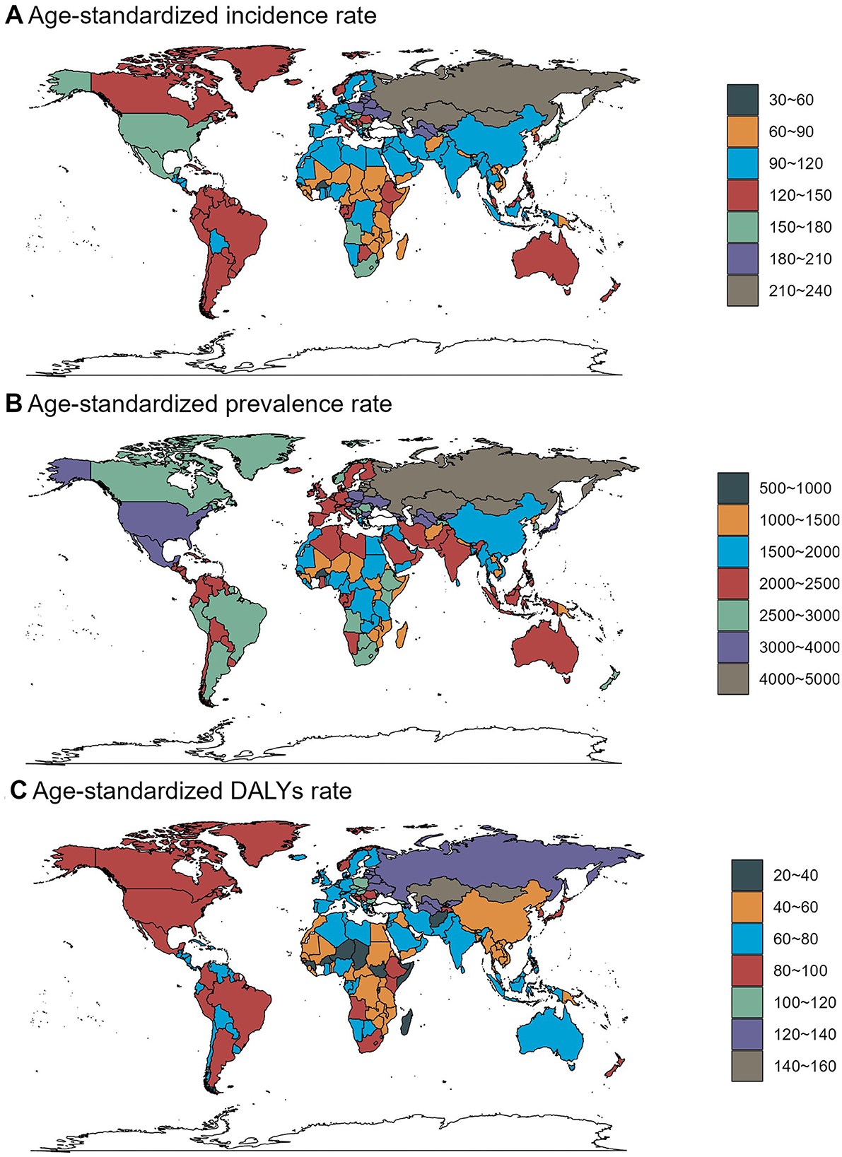 Three world maps display different age-standardized rates. Map A shows incidence rates ranging from 30 to 240, with distinct colors for each range. Map B depicts prevalence rates from 500 to 5000, also color-coded. Map C illustrates DALYs rates from 20 to 160, using various hues. Each map highlights regional differences globally.