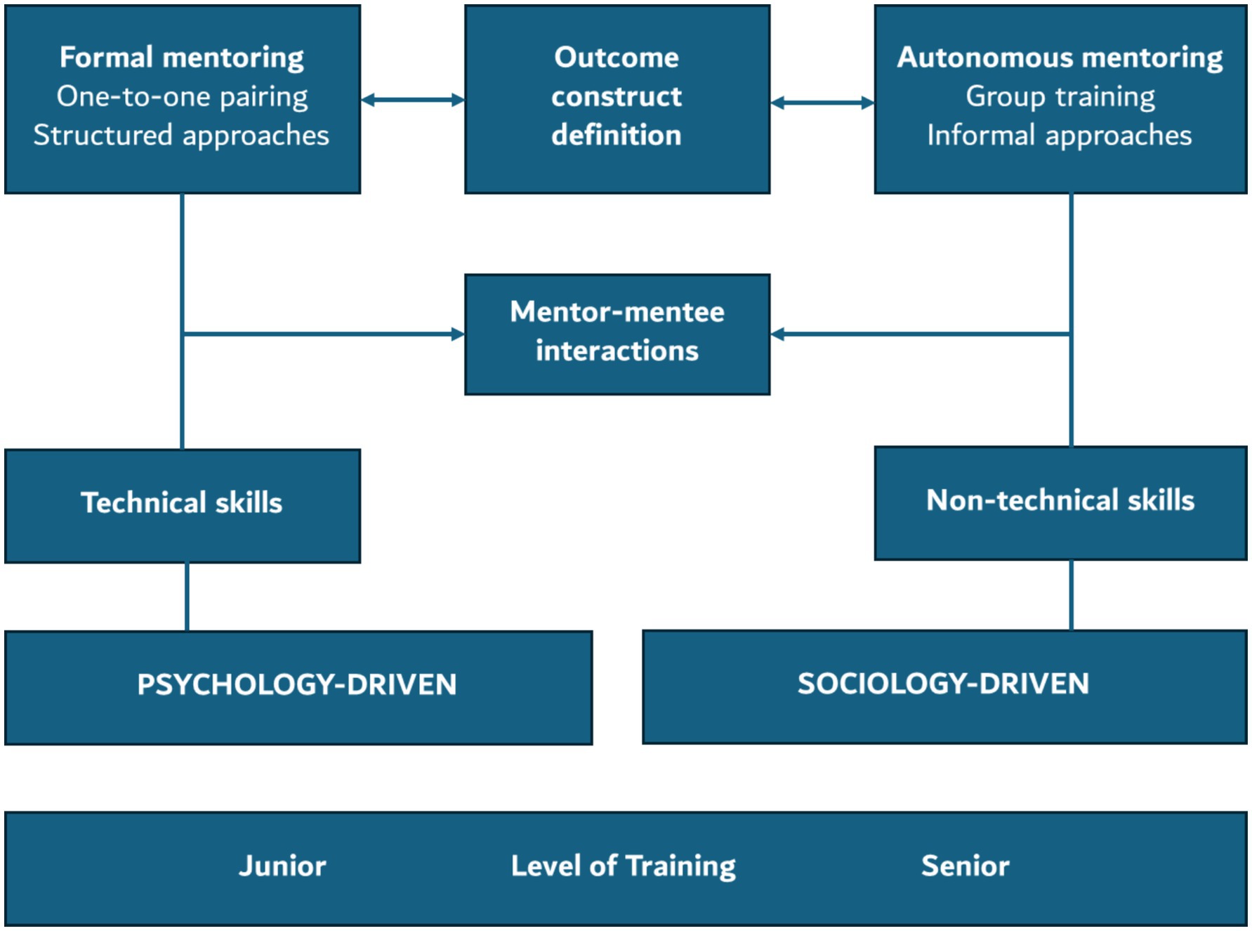 Flowchart illustrating mentoring types and processes. Formal mentoring involves one-to-one pairing and structured approaches, while autonomous mentoring involves group training and informal approaches. Both connect to mentor-mentee interactions, leading to either technical skills (psychology-driven) or non-technical skills (sociology-driven). The flow is organized by level of training: junior to senior.