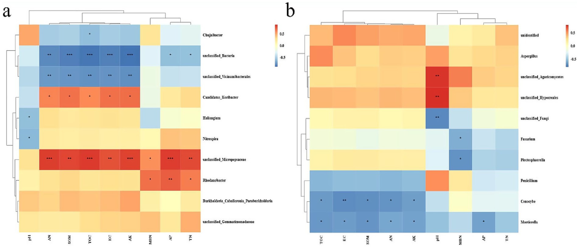 Heatmaps labeled a and b depict clustering analyses of microbial communities. Map a shows bacteria correlations with variables like pH and TOC, while map b illustrates fungi associations. Color gradients from blue to red indicate correlation strength, with blue for negative and red for positive correlations.