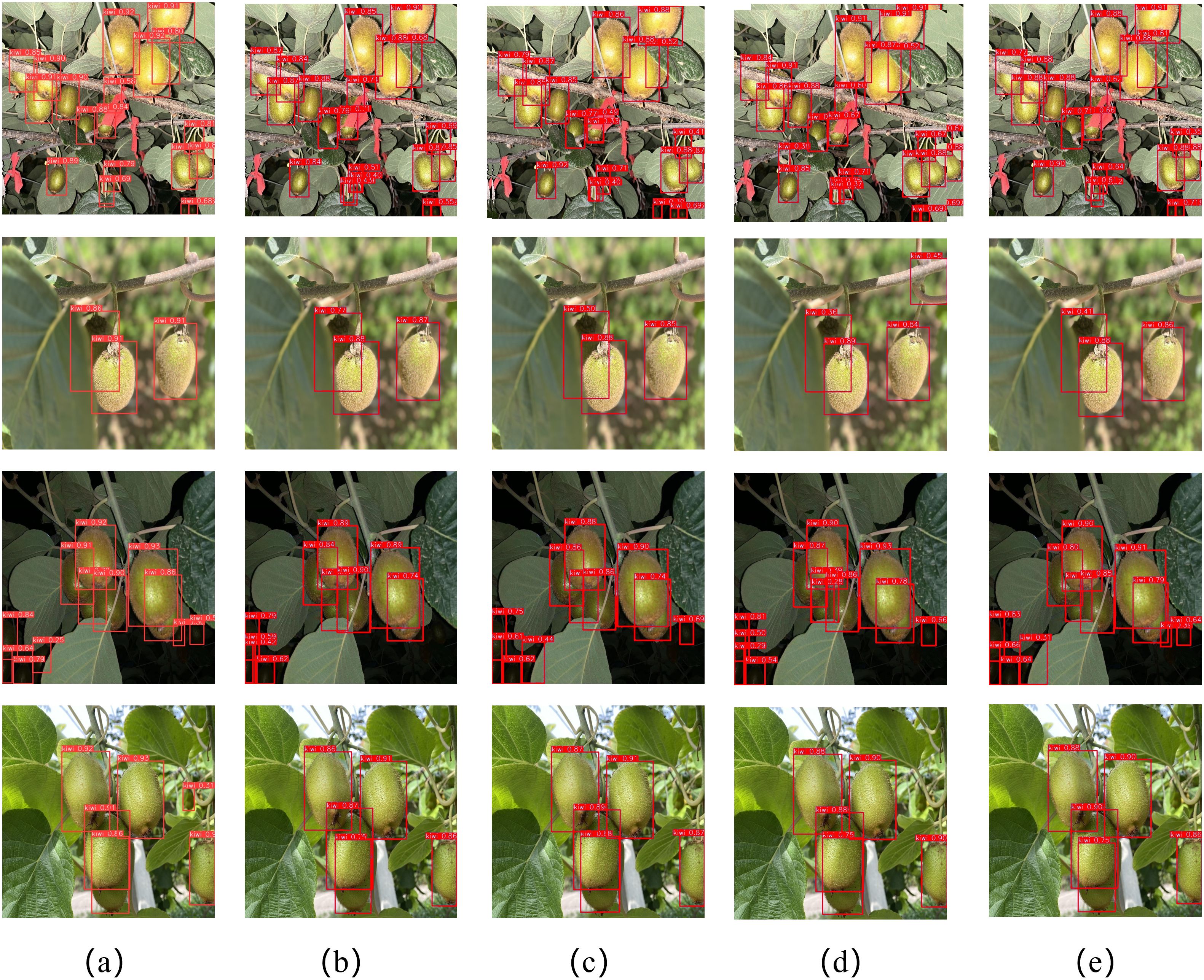 Multiple panels show kiwi fruits on branches with overlapping red boxes and labels. Each row represents different images, and columns labeled (a) to (e) differentiate variations. The fruits and leaves appear in different lighting and shadow effects, indicating focus on fruit identification or distinction in various conditions.
