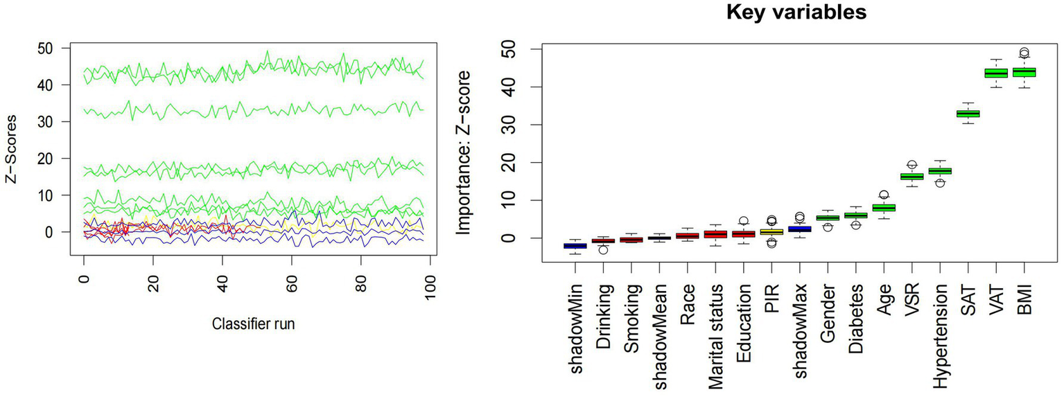 Two graphs are displayed. The left graph shows multiple line plots representing Z-scores over classifier runs, with a range up to 50 on the Y-axis. The right graph is a box plot illustrating the importance of various key variables, including shadow metrics, lifestyle factors, demographics, and health indicators against Z-scores. Variables like BMI, VAT, and SAT show higher importance.