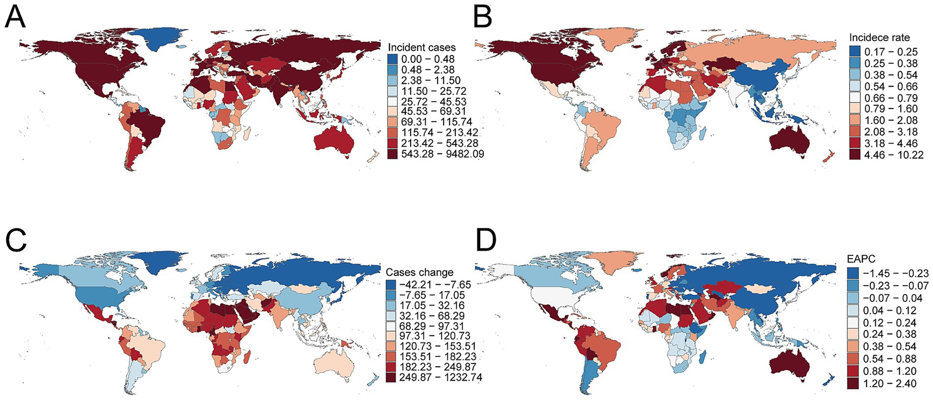 Four world maps labeled A, B, C, and D display disease-related data using color gradients. Map A shows incident cases from 0 to 9482.09, map B displays incidence rates from 0.17 to 10.22, map C illustrates cases change from -42.21 to 1232.74, and map D represents EAPC values from -1.45 to 2.40. Darker shades generally indicate higher values.