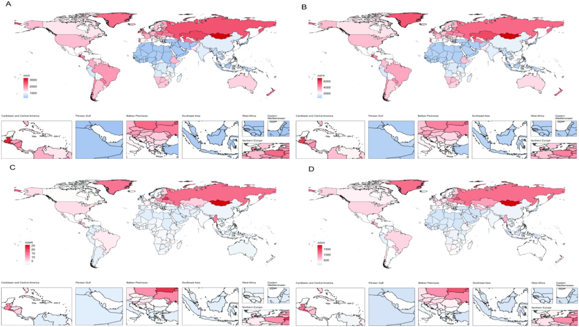 Four world maps labeled A, B, C, and D, displaying various ASIR and ASDR data in color gradients from blue to red. Each map includes insets showing detailed regional views: Caribbean and Central America, Persian Gulf, Balkan Peninsula, Southeast Asia, West Africa, Eastern Mediterranean, and Northern Europe. Maps A and B have labels indicating ASIR with gradient scales up to six thousand; maps C and D show ASDR scales up to twenty-five. The maps highlight variations in data across different geographic regions.
