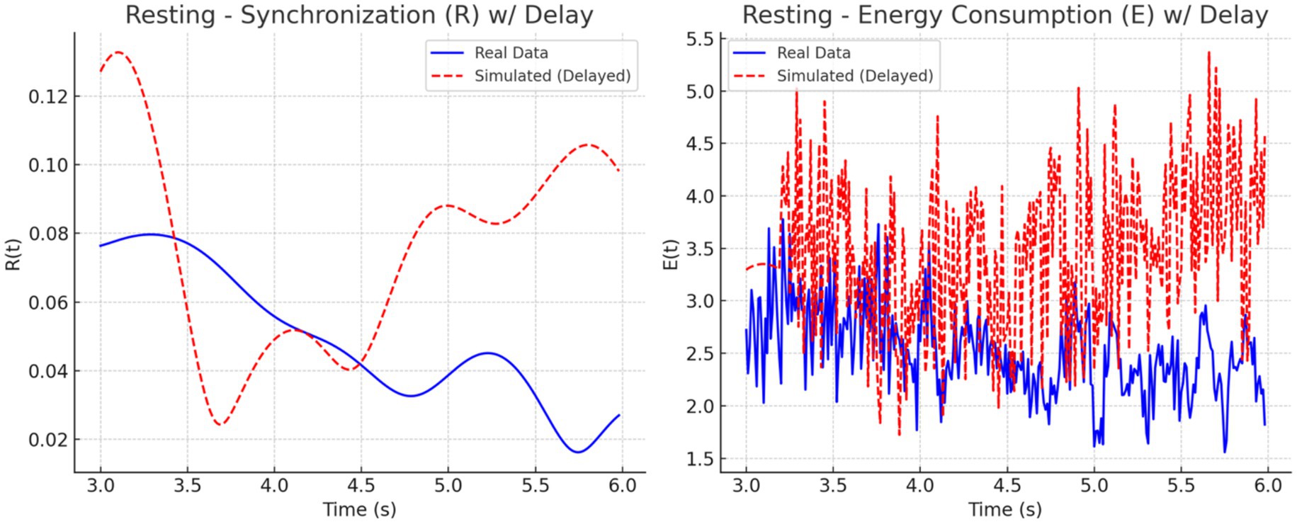 Two graphs comparing real and simulated data with delay. The left graph shows synchronization (R) over time, with real data in blue and simulated data in red. The right graph shows energy consumption (E) over time, also with real data in blue and simulated data in red. Both graphs demonstrate fluctuating patterns between real and simulated data from six to nine seconds.