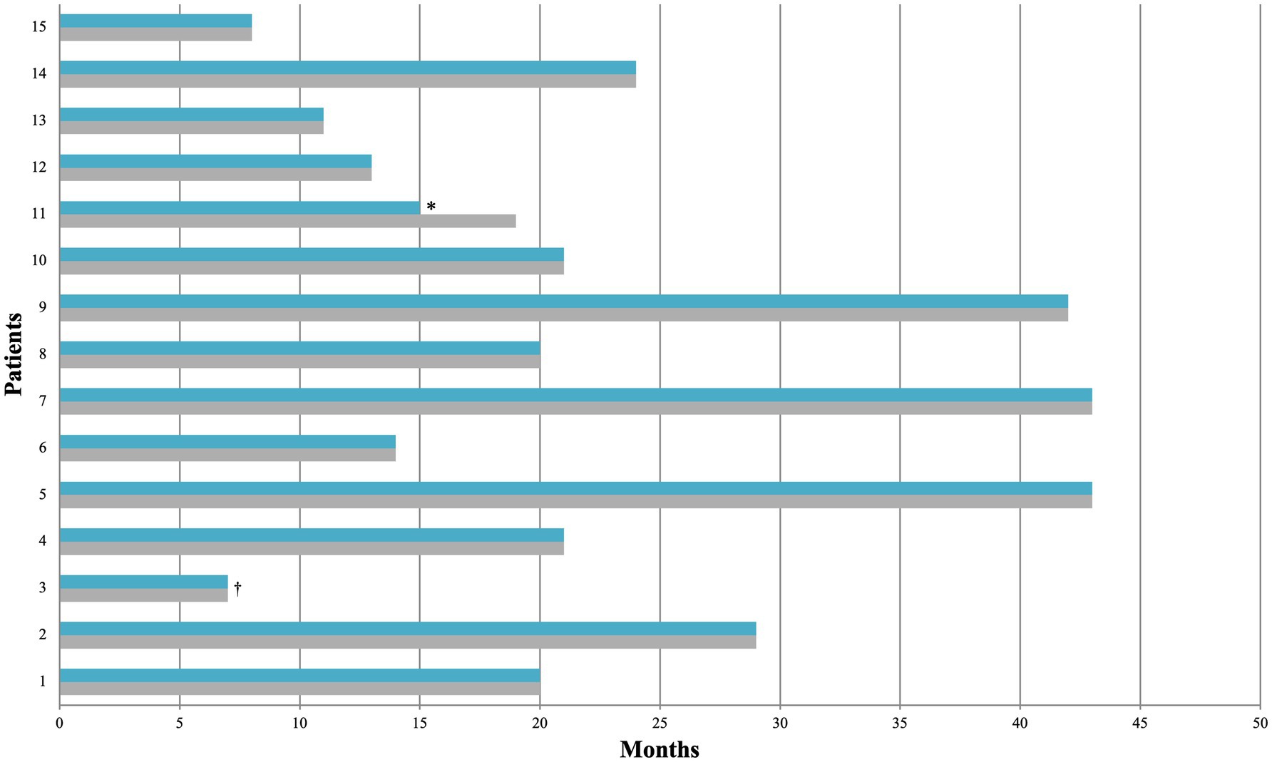 Horizontal bar chart showing the duration of patient follow-up in months. Each bar represents a patient, numbered one to fifteen. Bars vary in length, indicating different follow-up periods, with labels at specific points for patients three and eleven.