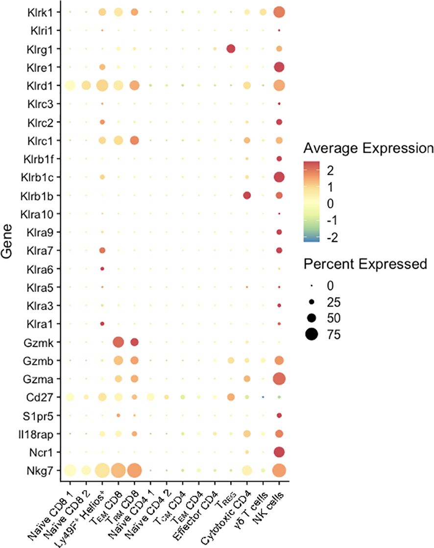 Dot plot showing gene expression across different cell types. The x-axis lists cell types, and the y-axis lists genes. Dot size indicates percent expression, and color represents average expression levels from blue (-2) to red (2), with most significant expression in NK and CD8 T cells.