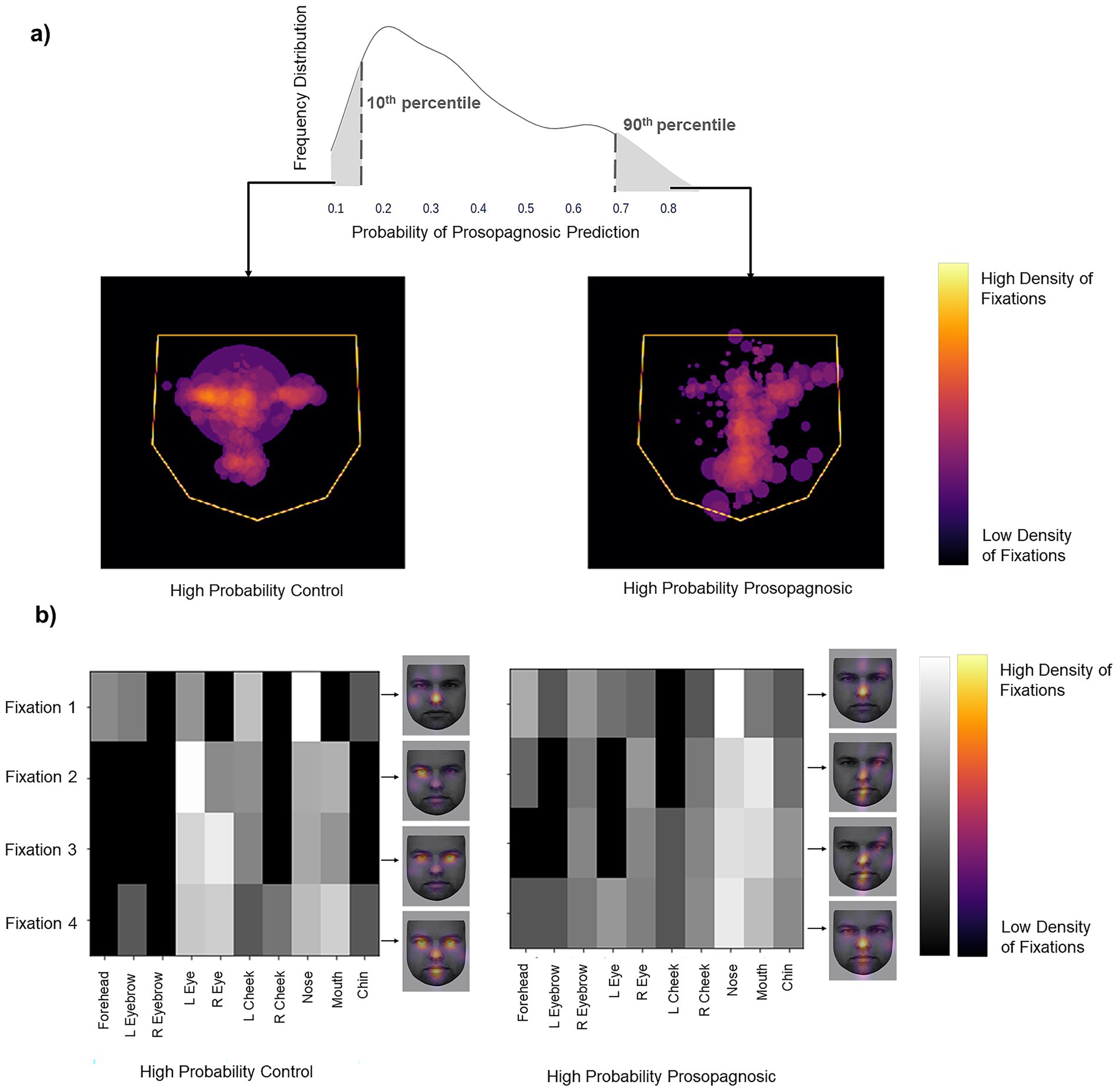 Diagram illustrating data on prosopagnosia. Part a: Graph showing frequency distribution of prosopagnosic prediction probabilities, with images below depicting fixation density maps. Left image represents high probability control; right shows high probability prosopagnosic. Color gradient indicates fixation density, from low (dark) to high (light).Part b: Heatmaps displaying fixation densities for four facial fixations, with separate columns for facial areas. Left side is high probability control; right is high probability prosopagnosic. Gradients reflect fixation density, mapped to sample facial images.