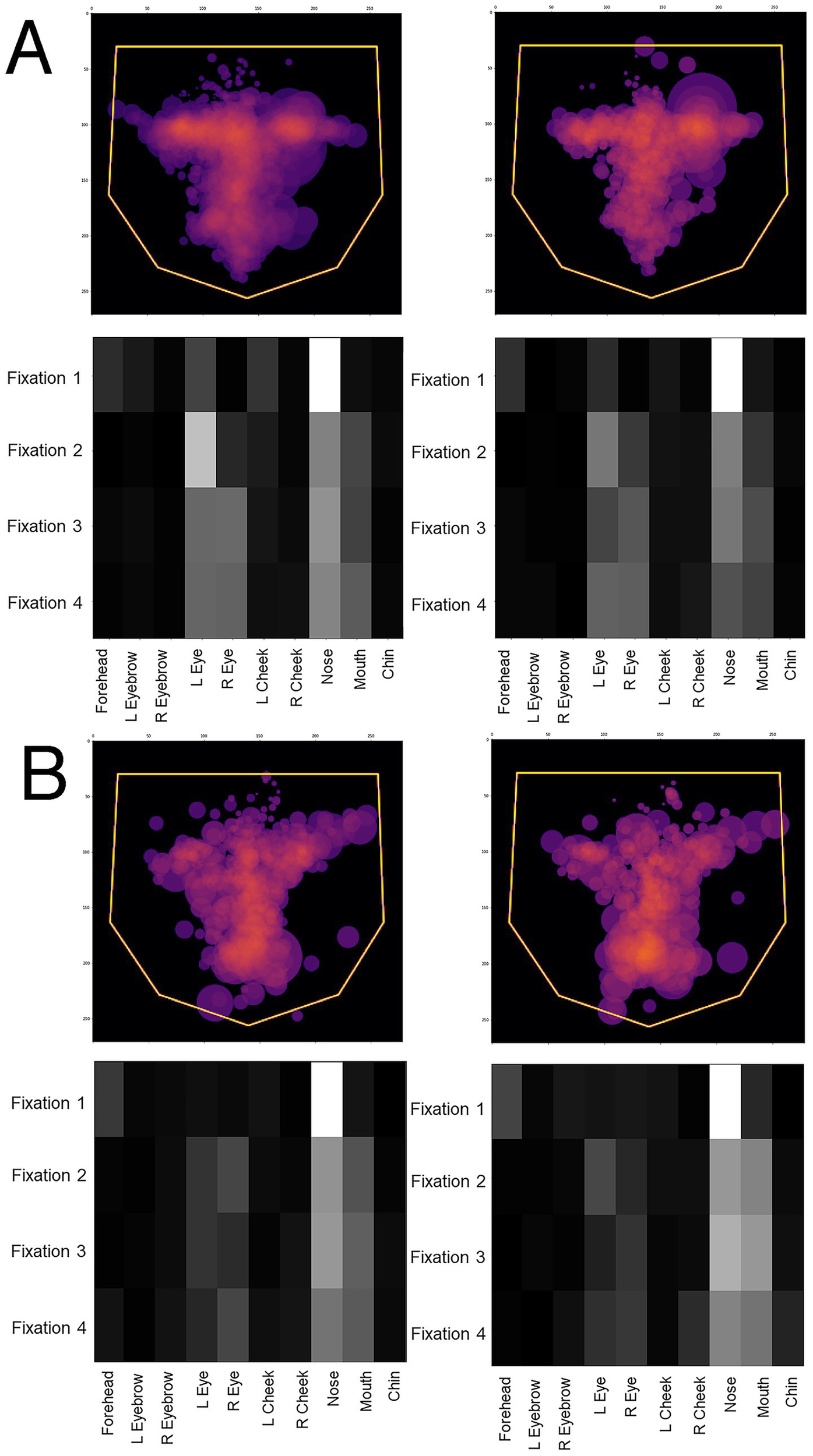 Visualizations labeled A and B show colored bubble charts and grayscale heatmaps. Both charts depict clusters of purple and red bubbles within a yellow border. The heatmaps below each chart, labeled Fixations 1 through 4, show varying grayscale intensities across facial features like eyebrows, eyes, and cheeks, highlighting areas of focus.
