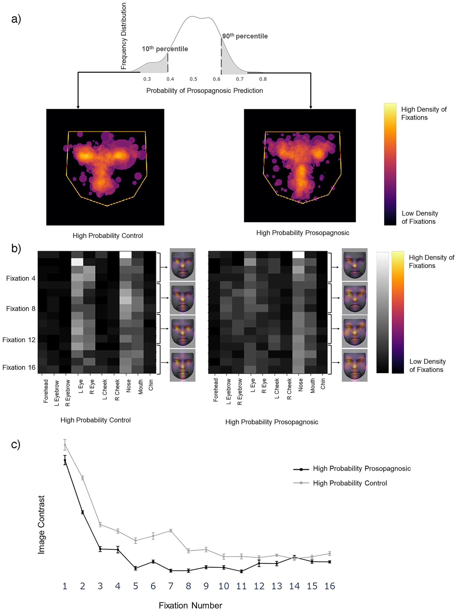 A composite image is divided into labeled sections: (a) features probability distributions for prosopagnosic predictions with fixation density heat maps for control and prosopagnosic groups, gradient from high (yellow) to low (purple) density. (b) displays grayscale heat maps of fixation density on facial features across fixations four, eight, twelve, and sixteen for both groups. (c) presents a line graph comparing image contrast across sixteen fixations between high-probability prosopagnosic and control groups, with control generally showing higher contrast.