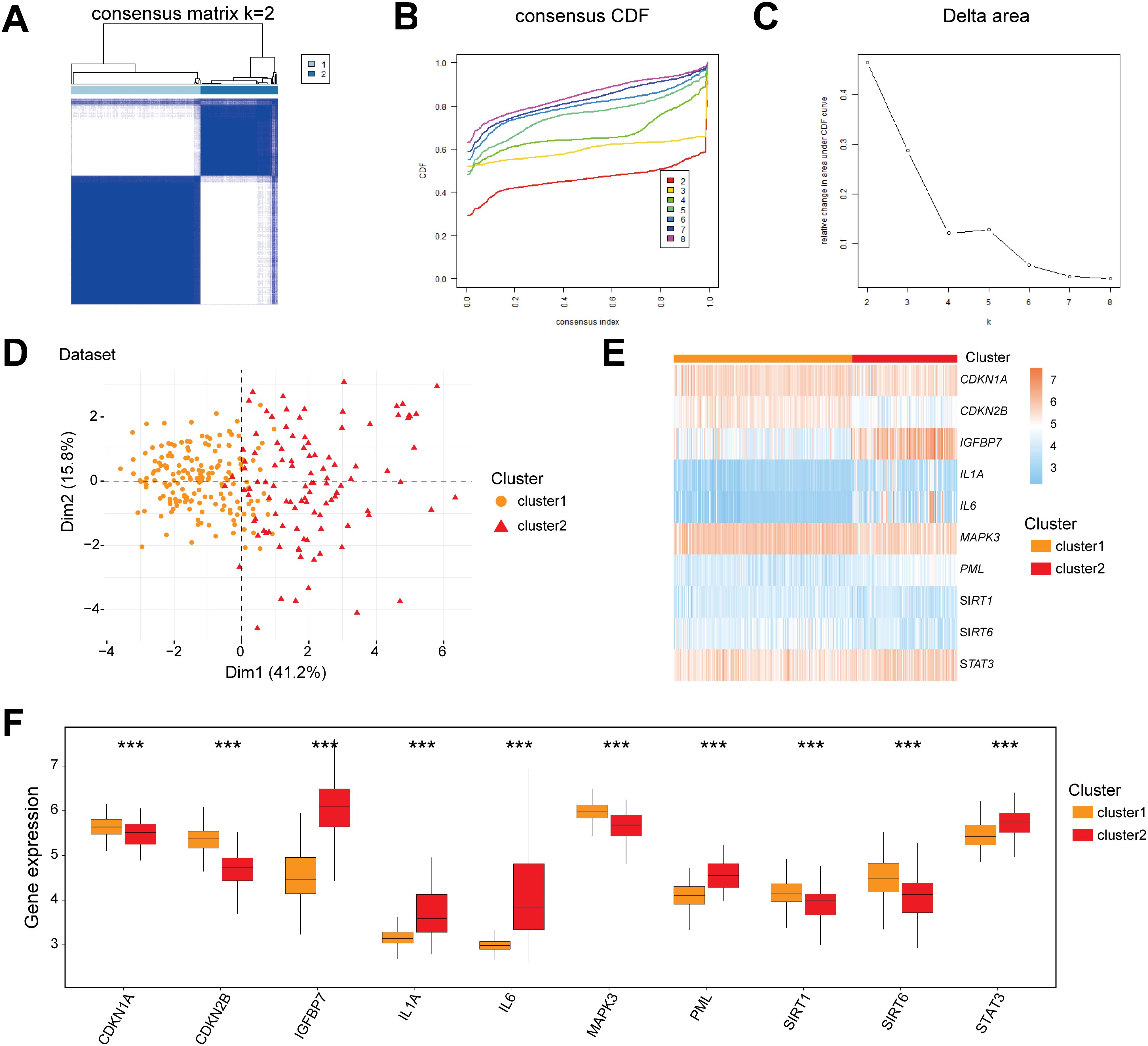 Panel A shows a consensus matrix for k equals 2 with clear cluster separation. Panel B features a consensus cumulative distribution function plot with multiple colored lines. Panel C is a line graph depicting a decline in delta area as k increases. Panel D illustrates a scatter plot of two clusters: yellow circles for cluster 1 and red triangles for cluster 2. Panel E presents a heatmap of gene expression for clusters 1 and 2 across different genes. Panel F is a box plot displaying gene expression levels for several genes, comparing cluster 1 (orange) and cluster 2 (red).