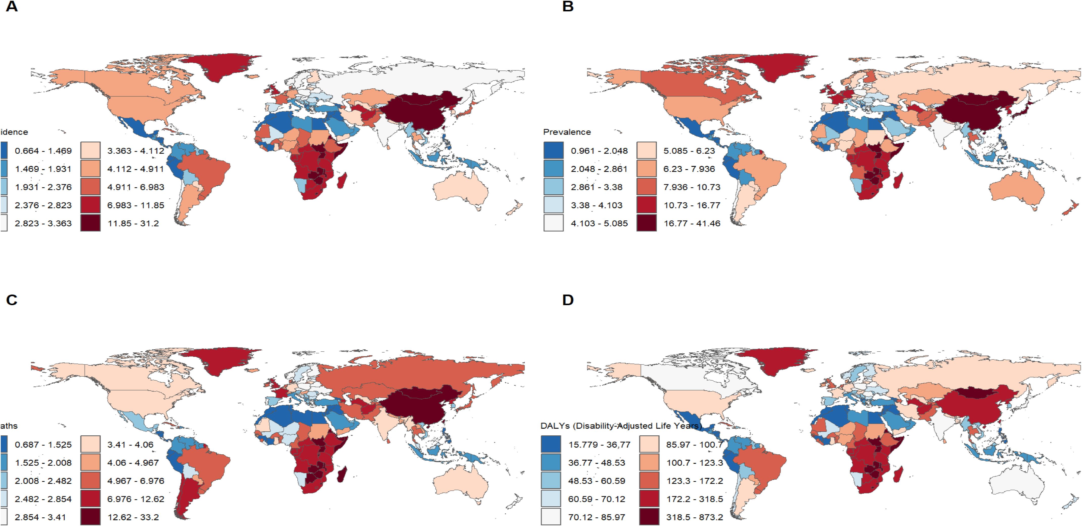 Four world maps depict data on health metrics by country. Map A shows incidence rates, colored from blue (low) to dark red (high). Map B presents prevalence, with a similar blue-to-red gradient. Map C illustrates death rates, again using a blue-to-red scale. Map D displays Disability-Adjusted Life Years (DALYs), with a comparable color scheme. Each map includes a color legend indicating the range of values.