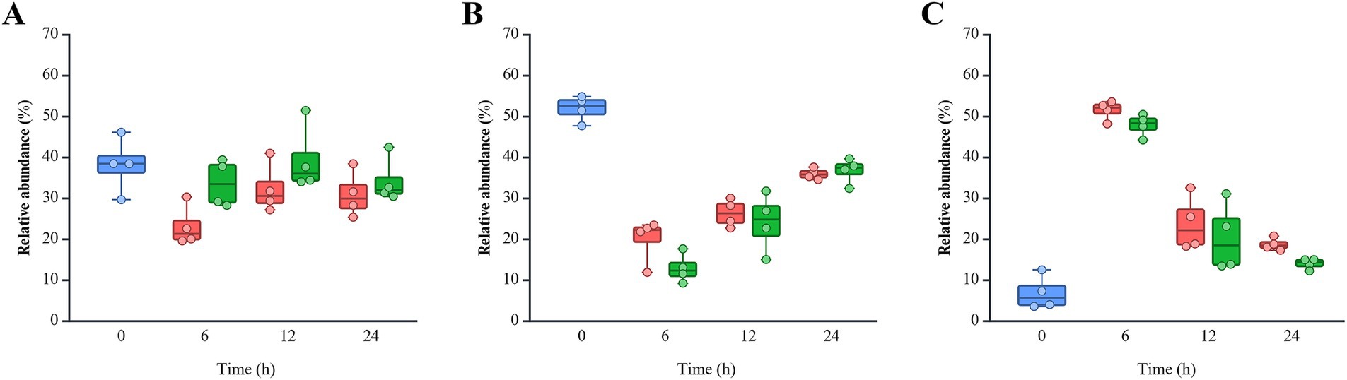 Three box plots labeled A, B, and C display relative abundance percentages over time intervals of zero to twenty-four hours. Each plot includes colored boxes: blue for control, red for non-infected, and green for post-infected. The y-axis shows relative abundance percentages from zero to seventy percent. Plot A shows increasing variability, B shows a decrease over time, and C presents a different trend. Each plot conveys changes in abundance over time.