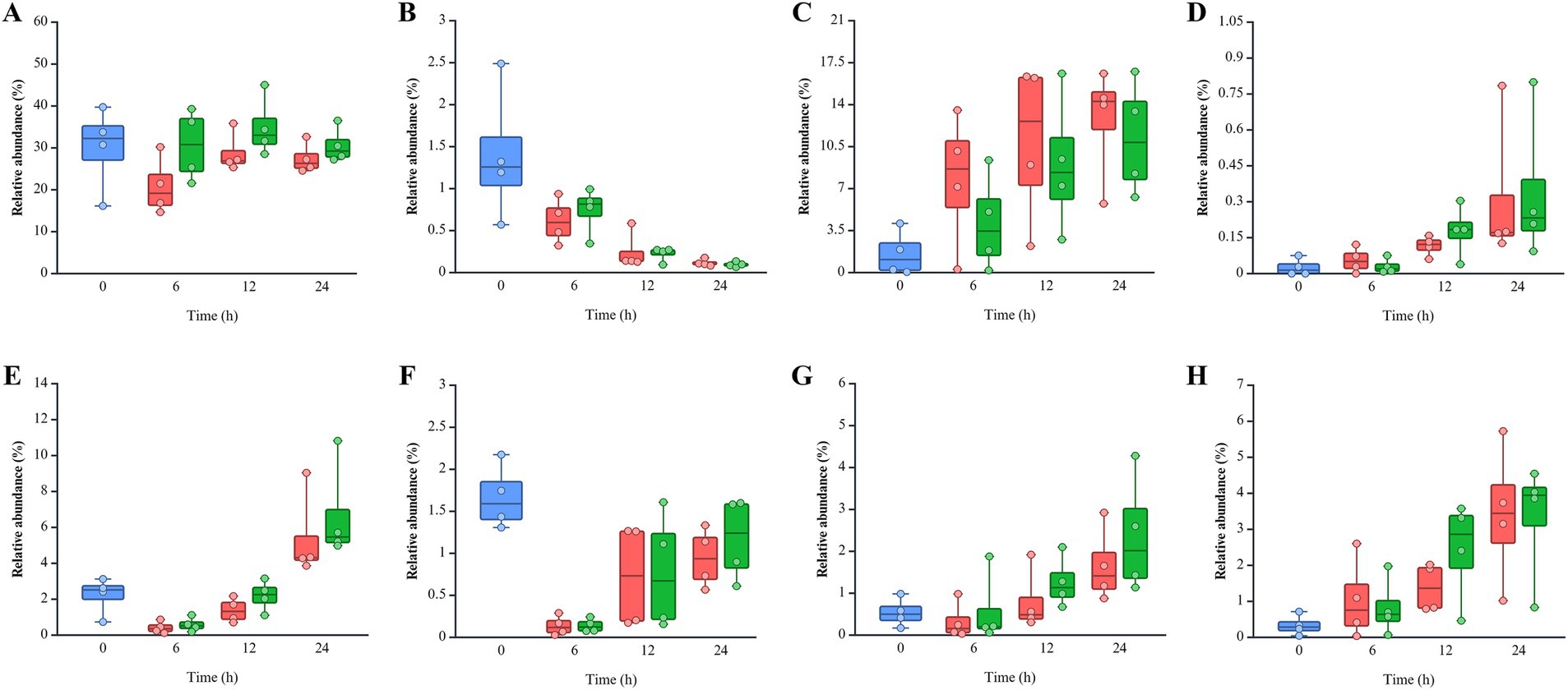 Plots A to H show box plots comparing relative abundance percentages over time intervals of 0, 6, 12, and 24 hours, with data grouped into blue, red, and green categories. Each plot illustrates changes in abundance across these time points, with varying median and distribution ranges depicted by the box plot elements.