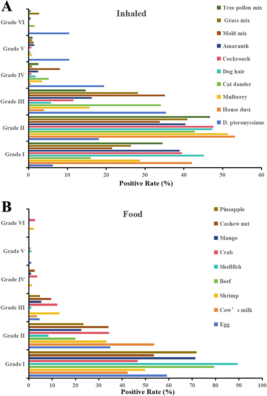 Two bar charts depict positive reaction rates to inhaled allergens and food allergens, categorized by grade from I to VI. Chart A shows inhaled allergens like tree pollen and dust. Chart B illustrates food allergens such as pineapple and shrimp. Each allergen is represented by a distinct color, with varying positive rates on the horizontal axis, indicating response severity.