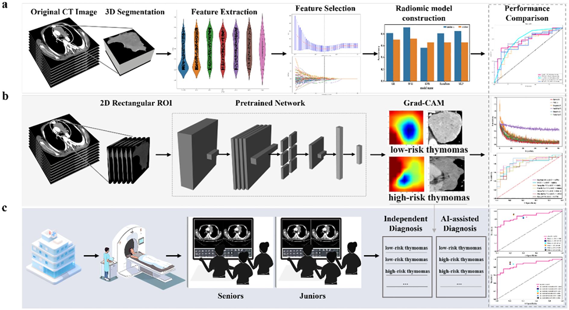 Diagram illustrating a medical imaging analysis framework with three sections: (a) Original CT image processing including 3D segmentation, feature extraction, and performance comparison charts; (b) Workflow of a pretrained network using 2D rectangular ROI, demonstrating model outputs for low and high-risk thymomas with Grad-CAM visualizations; (c) Illustration of diagnostic processes showing AI-assisted and independent diagnosis pathways, with segmented CT scans and performance comparison graphs.