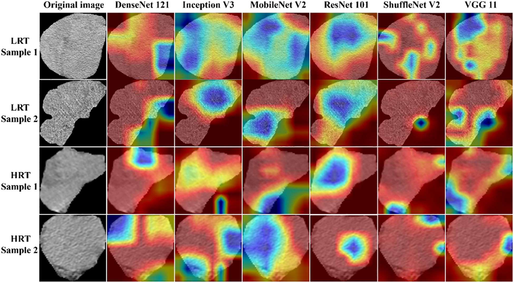 Grid of images showing original and processed texture samples using various neural network models: DenseNet 121, Inception V3, MobileNet V2, ResNet 101, ShuffleNet V2, and VGG 11. Samples include LRT Sample 1 and 2, and HRT Sample 1 and 2. Processed images show color gradient overlays indicating model interpretations.