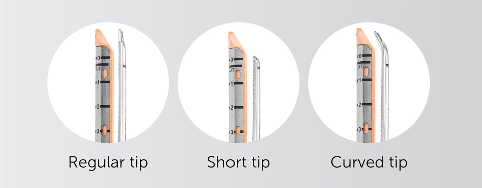 Image showing three types of blade tips: regular, short, and curved. Each tip is encased and labeled within circular frames. The regular tip is straight, the short tip is more compact, and the curved tip has a bent end.