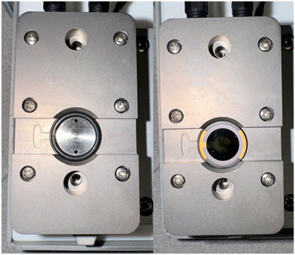 Side-by-side images of a QCM-D flow module: the left panel shows an empty module, while the right panel shows the same module with a Biolin Scientific gold-coated quartz sensor properly positioned in place for measurement.