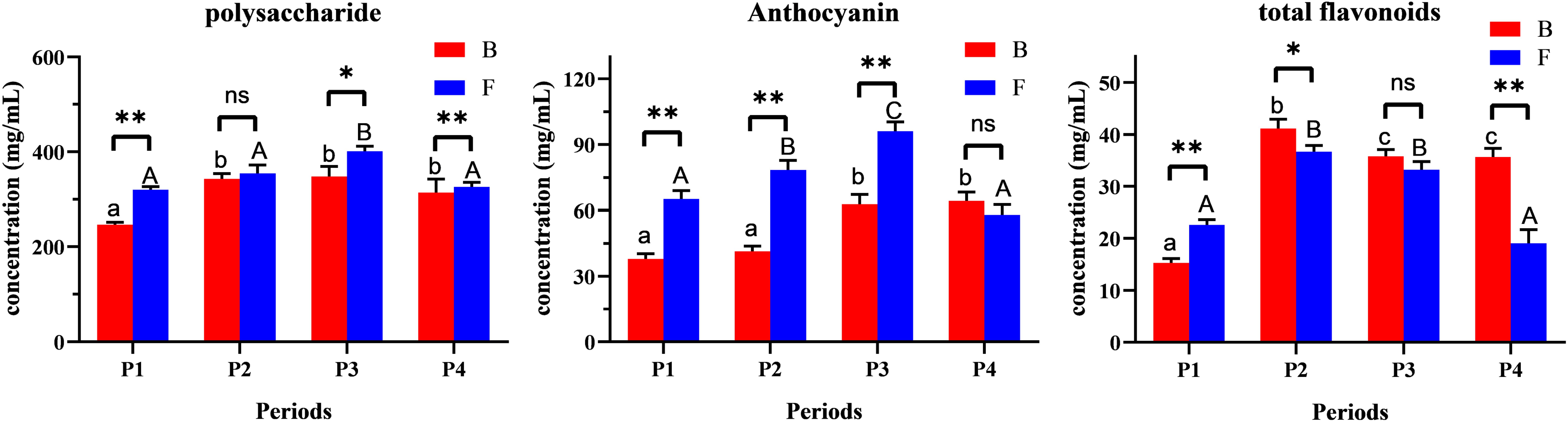 Three bar charts display concentrations of polysaccharides, anthocyanins, and total flavonoids over four periods labeled P1 to P4. Red bars represent group B, and blue bars represent group F. Significant differences are marked with asterisks, with the concentration units as milligrams per milliliter. Each chart shows variations in concentrations, with notable differences indicated between specific periods.