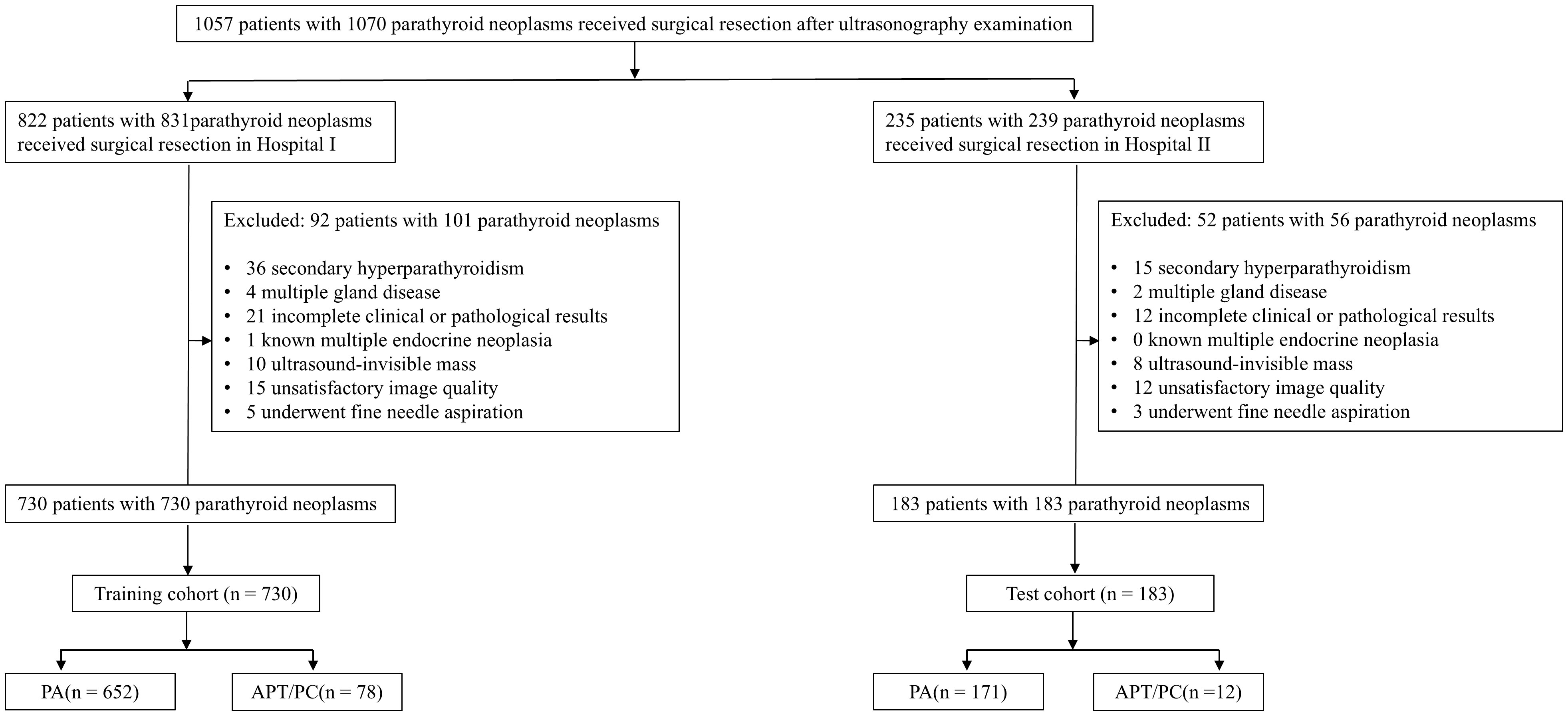 Flowchart illustrating study population selection. Initially, 1,057 patients with 1,070 parathyroid neoplasms underwent surgical resection. Hospital I treated 822 patients, excluding 92 for various criteria, leaving 730 for training, split into PA (652) and APT/PC (78). Hospital II treated 235 patients, excluding 52, leaving 183 for testing, split into PA (171) and APT/PC (12).