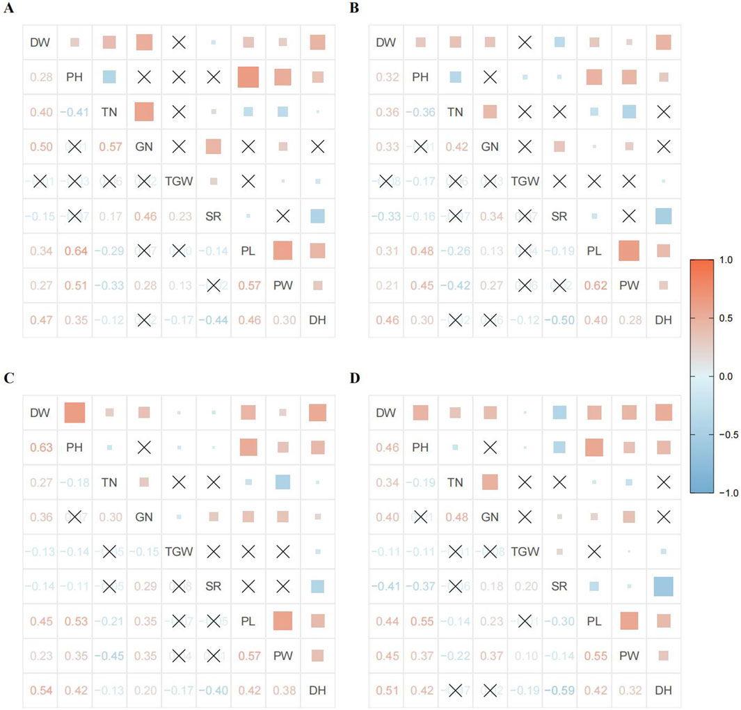 Correlation matrix with four panels labeled A, B, C, and D, displaying relationships between traits such as DW, PH, TN, GN, and others. Color gradient from red to blue indicates positive to negative correlations. Red squares signify positive correlations, blue squares negative, with size representing strength. Values are labeled within each panel.