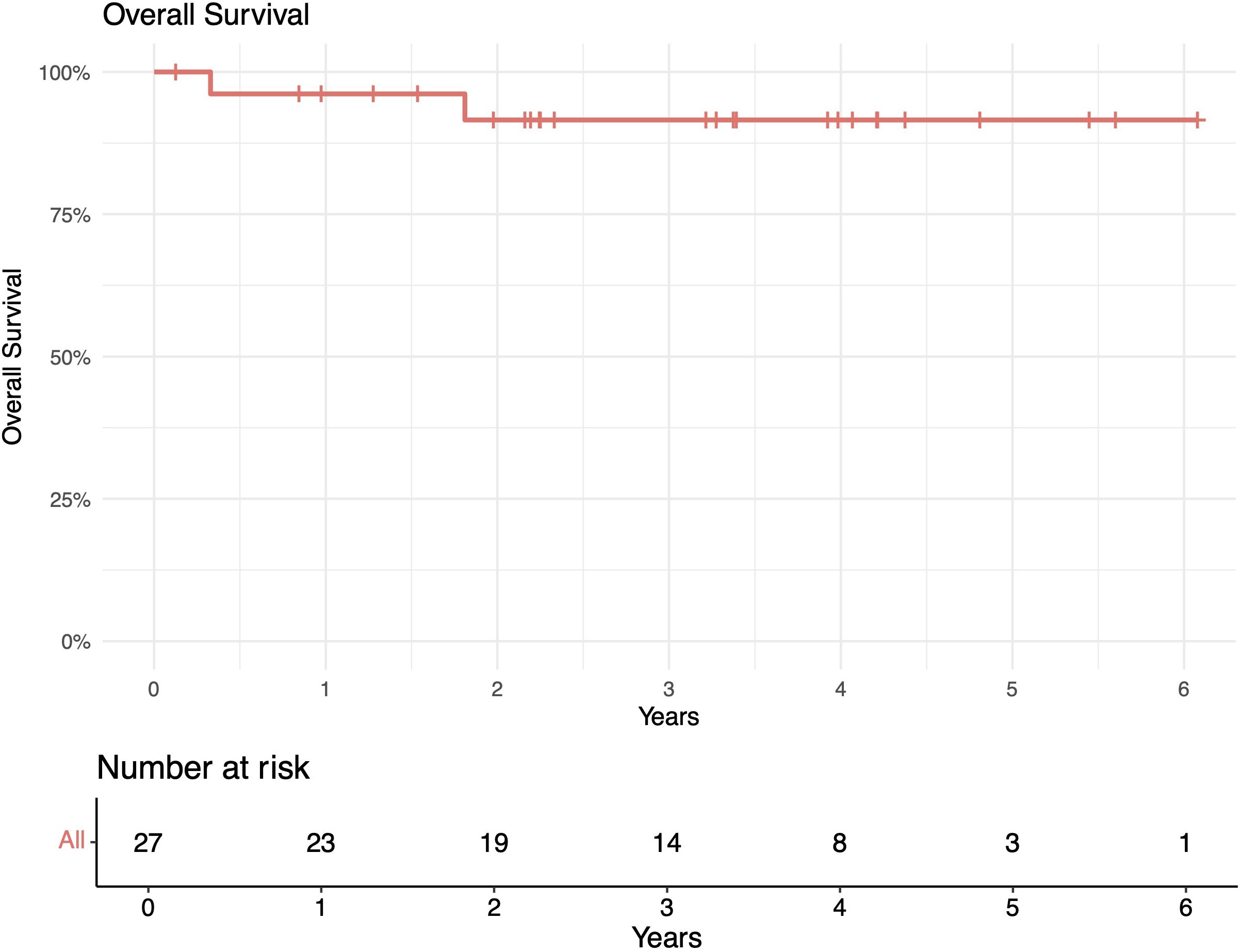 Kaplan-Meier survival curve showing overall survival over six years. The y-axis represents overall survival percentage, and the x-axis represents time in years. The red line indicates survival, starting near one hundred percent and remaining high with slight declines. Below, a table shows the number at risk decreasing from 27 at year zero to 1 at year six.