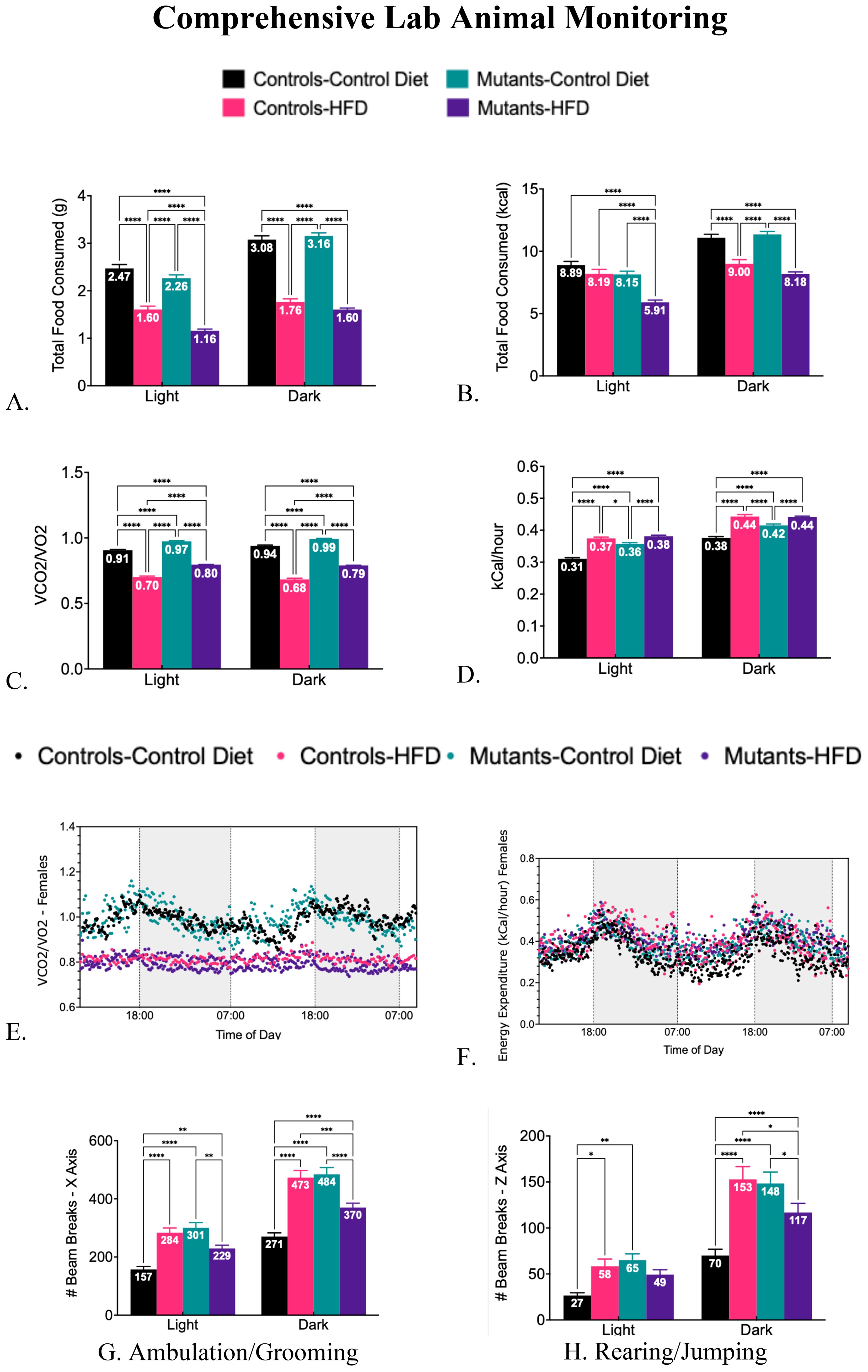 Comprehensive Lab Animal Monitoring data comparing controls and mutants under different diets, analyzing food consumption, VO2/NO2 ratios, energy expenditure, and activity across light and dark phases. Graphs A-D show total food consumed, VO2/NO2, and calories burned. Graphs E-F depict these metrics over time, highlighting variations between diets and phases. Graphs G-H display activity levels through beam breaks, illustrating ambulation, grooming, rearing, and jumping. Statistical significance is indicated by asterisks, showing differences between the groups.