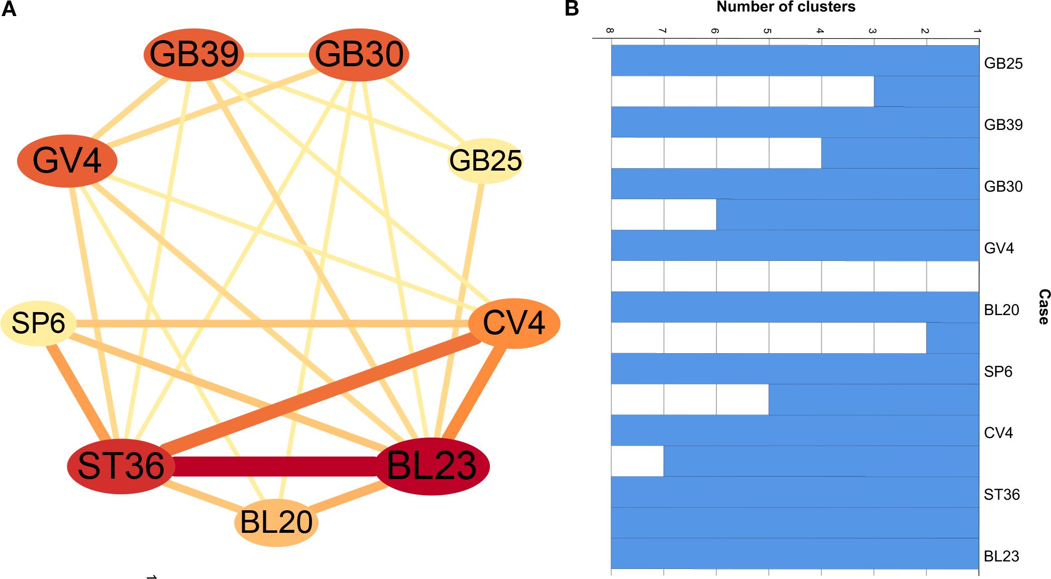Diagram displaying a network and a bar chart. The left part (A) shows interconnected nodes labeled as acupuncture points: GB39, GB30, GV4, SP6, CV4, BL20, ST36, BL23, GB25. Line thickness varies, indicating different connection strengths, with ST36 and BL23 having the strongest connection. The right part (B) is a horizontal bar chart labeled “Number of clusters”, listing the same points on the y-axis, with varying blue bars indicating cluster numbers, where GB25 and ST36 show high cluster counts.
