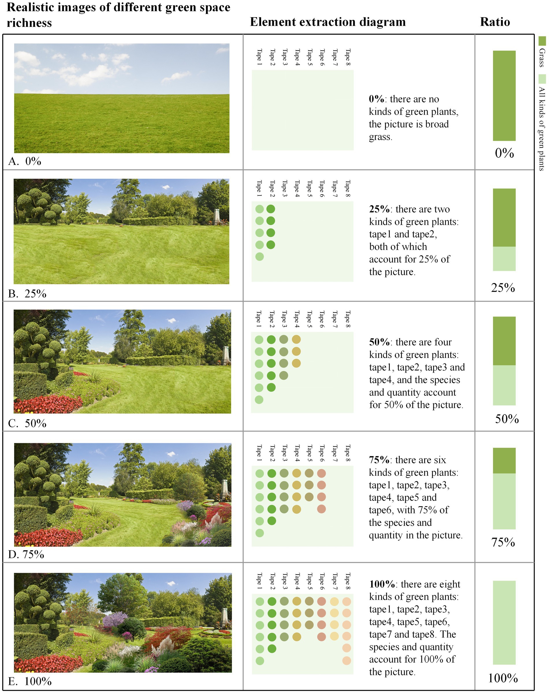 Five images depict different levels of green space richness from zero percent to one hundred percent. Each image, labeled A to E, includes lawns and varying amounts of plants such as topiary bushes and flowerbeds. Adjacent element extraction diagrams show the diversity and percentage of plant types. Ratio bars illustrate the proportion of grass to all plants, increasing from zero percent (broad grass) to one hundred percent (diverse plants).