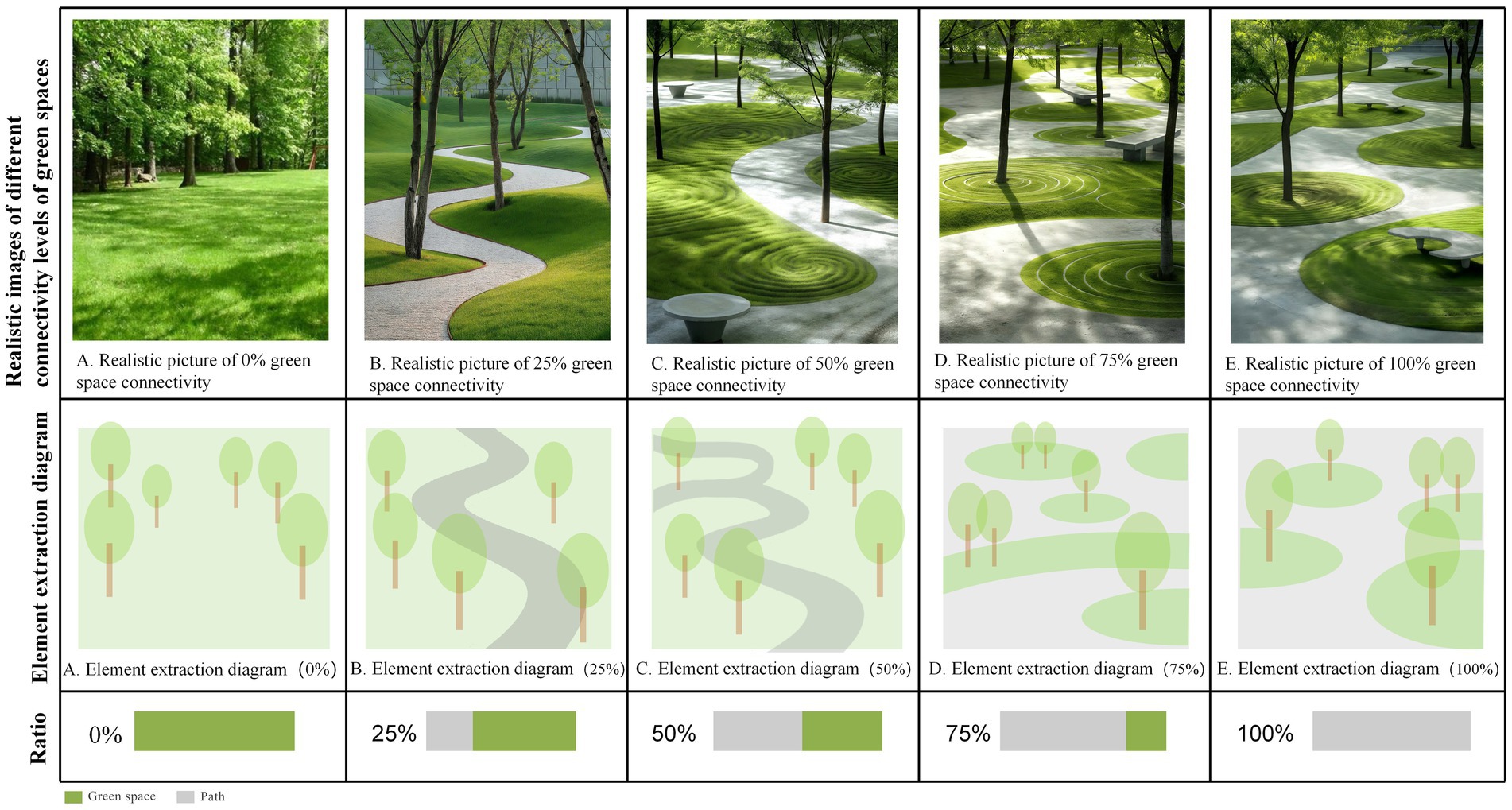 Realistic images and diagrams depict green space connectivity from 0% to 100%. Each panel shows a photograph of a path amidst trees and corresponding diagrams with varying path and green space ratios. Connectivity levels are 0% with no paths, 25% with some paths, 50% with equal paths and green areas, 75% with more paths, and 100% with continuous paths.