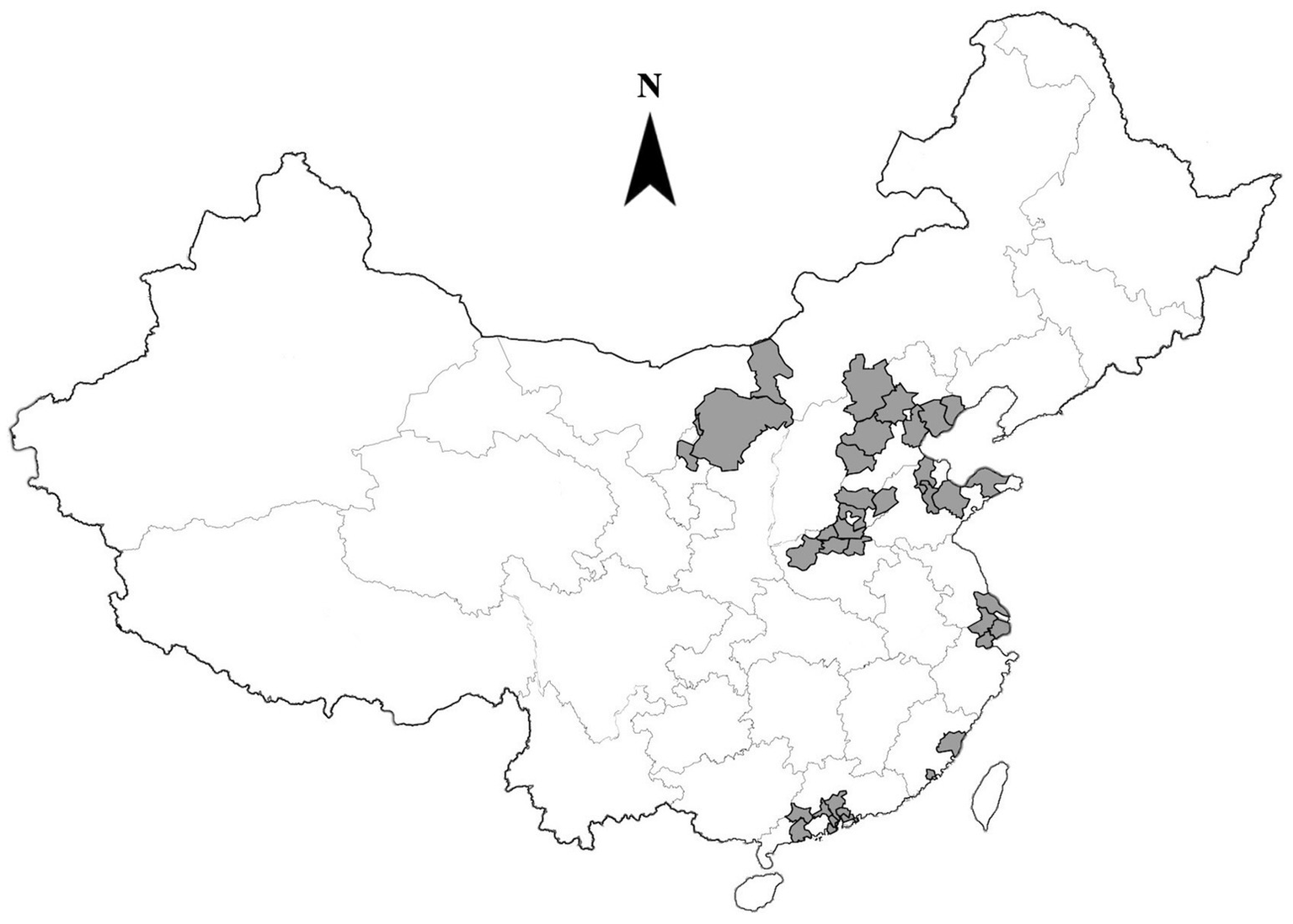 Map of China highlighting several regions in dark gray. The map is outlined with province borders, and a north arrow is shown at the top for orientation.
