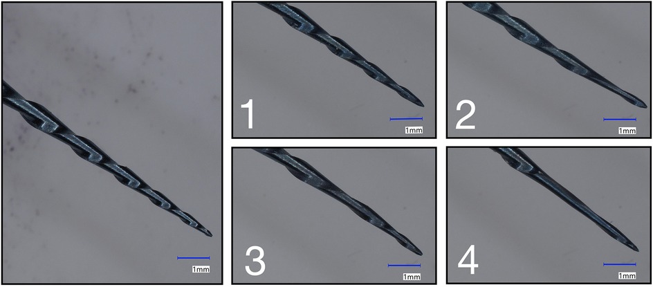 Five images show reciprocating file tips under magnification. Each image includes a scale in millimeters, with the close-up views highlighting the number of unwound flutes.