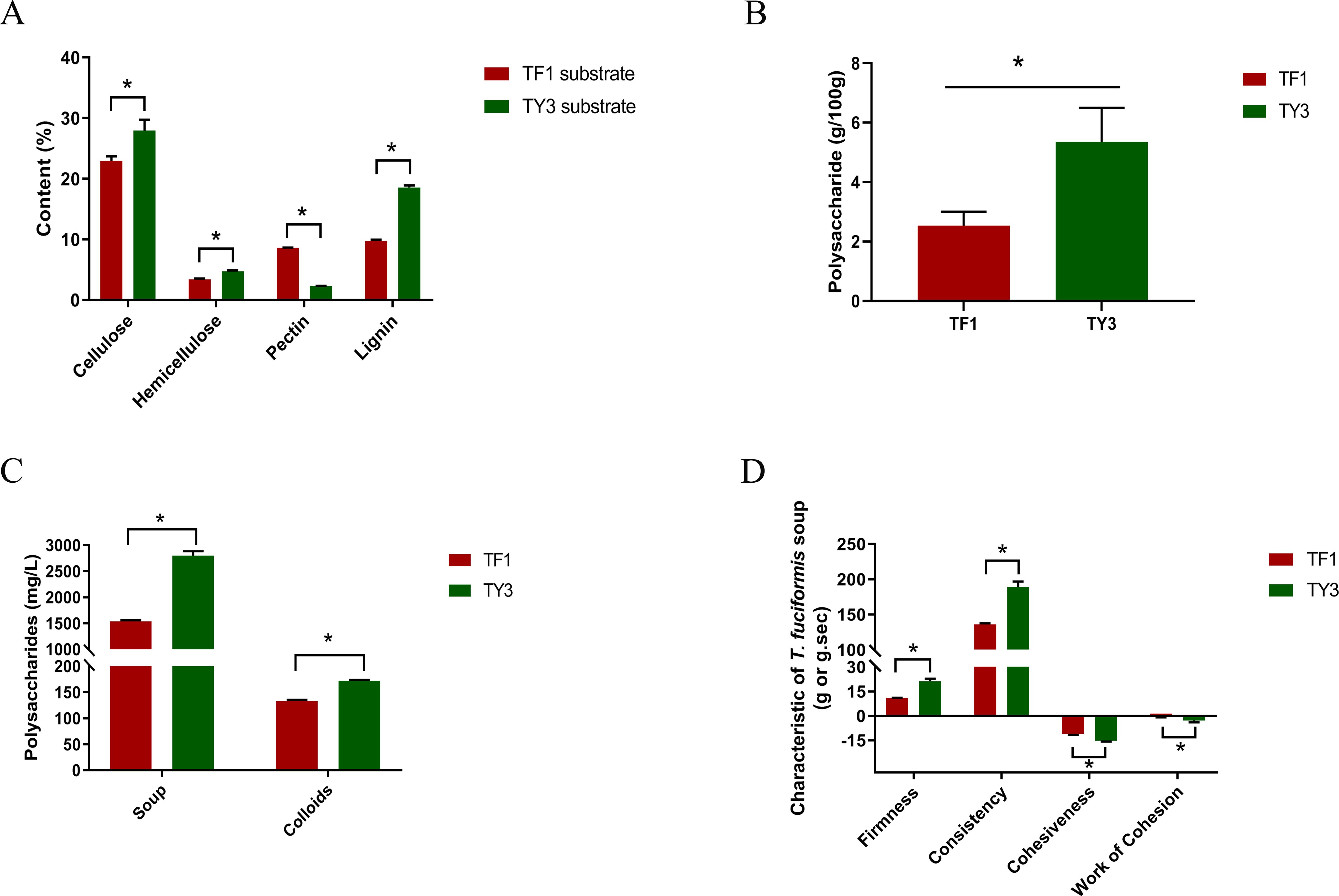 Four bar graphs display data comparing TF1 and TY3 substrates. A: TF1 has higher cellulose, but TY3 has significantly more hemicellulose, pectin, and lignin. B: TY3 shows greater polysaccharide content per 100g. C: TY3 has higher polysaccharide content in soup and colloids. D: TY3 exhibits greater firmness, consistency, and cohesiveness, but lower work of cohesion compared to TF1. Statistical significance is noted with asterisks.