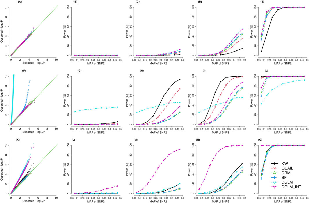 Fifteen-panel figure comparing statistical methods for genetic analysis. Panels A, F, and K show QQ plots of observed versus expected -log10 p-values. Panels B to E, G to J, and L to O show power versus minor allele frequency (MAF) of SNP2. Each line represents a different method: KW, QUAL, DRM, BF, DGLM, and DGLM_INT. Panels E, J, and O show almost complete power across methods with increasing MAF. The rest illustrate varying power, with some methods outperforming others as MAF increases.