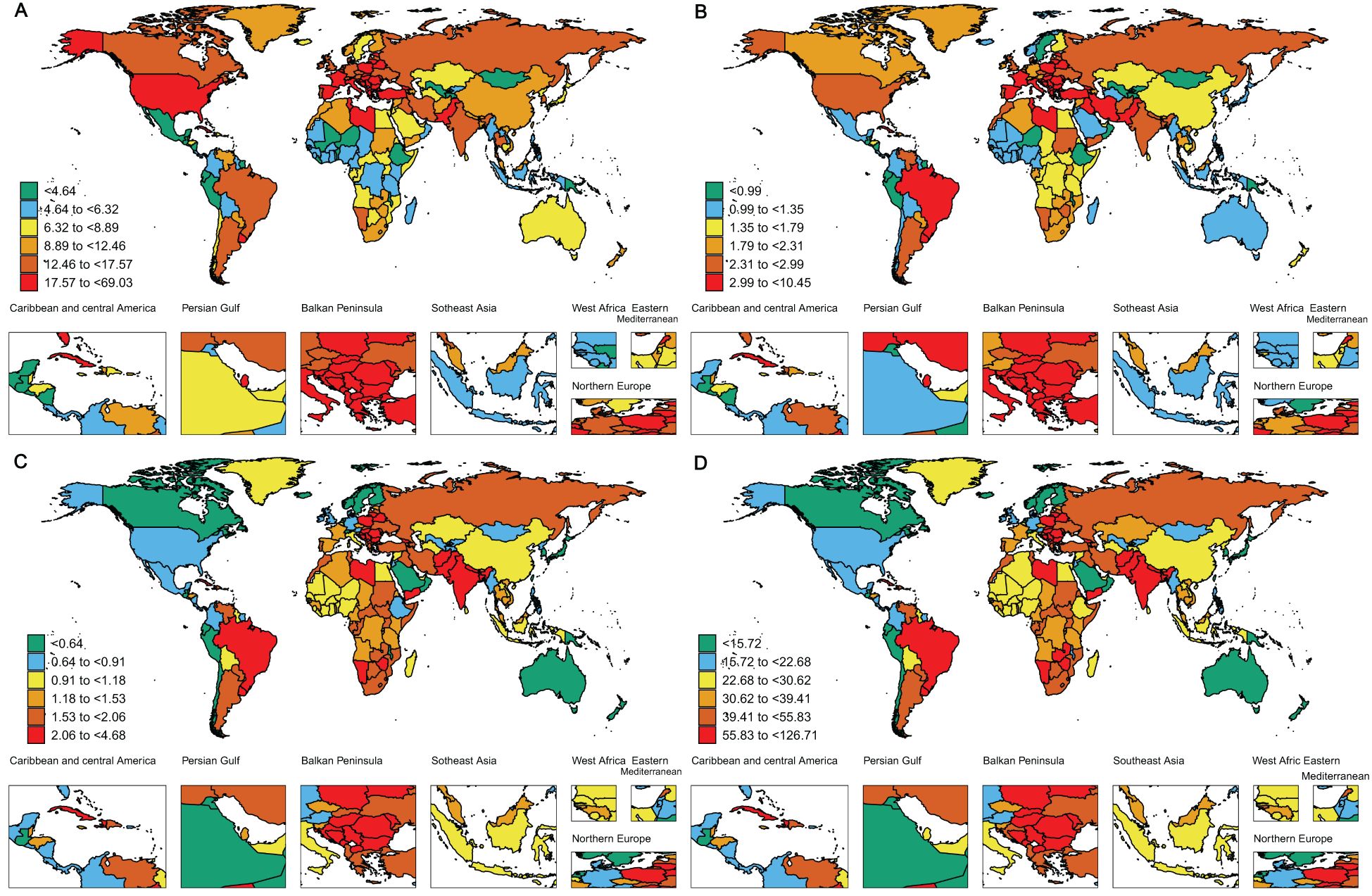 Four world maps labeled A, B, C, and D display various regions in different colors. Each map has a legend indicating numerical ranges associated with the colors. Smaller insets highlight specific regions like the Caribbean, Persian Gulf, Balkan Peninsula, Southeast Asia, West Africa, Eastern Mediterranean, and Northern Europe, showing the same color-coded data for these areas in more detail. The maps depict statistical data variations across different geographic areas.