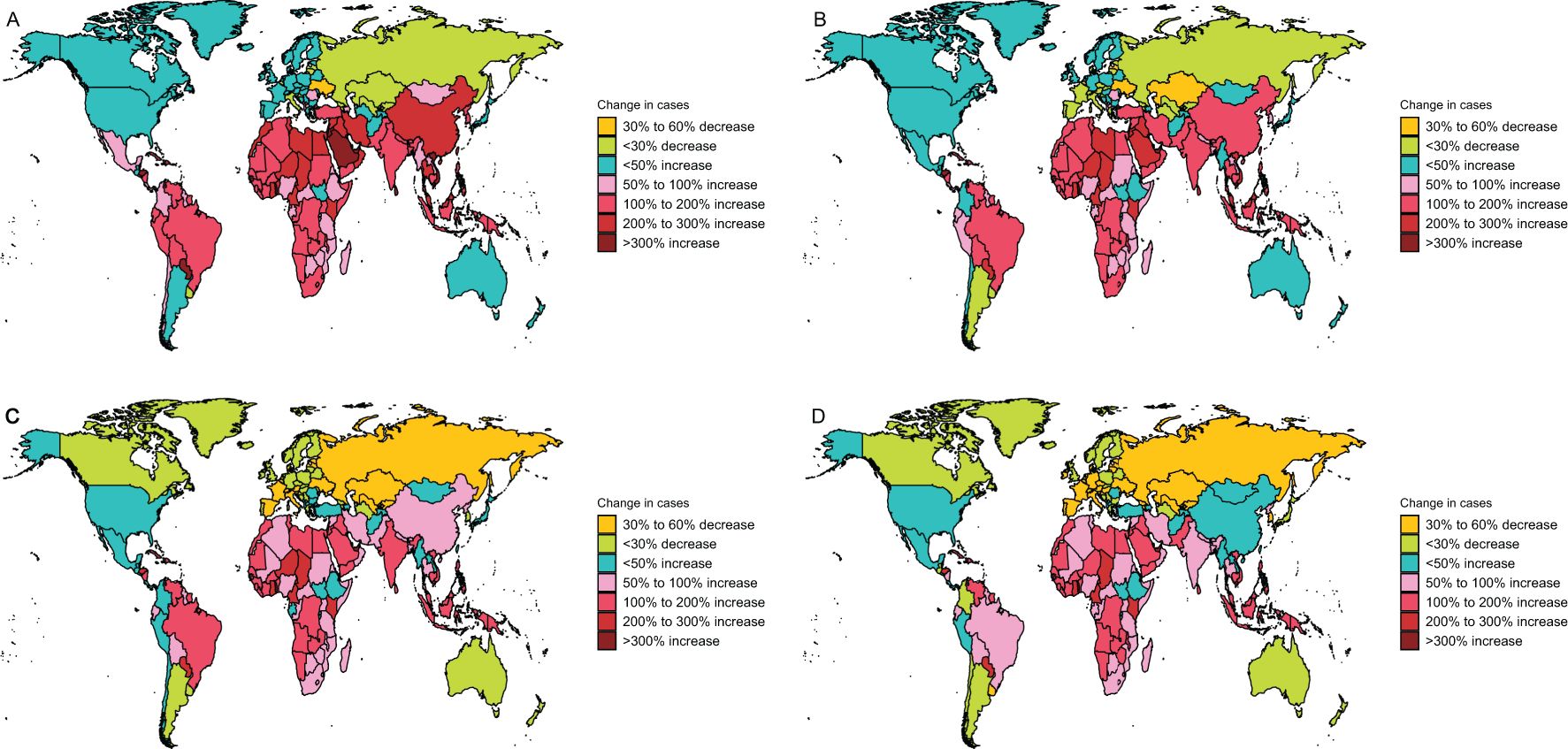 Four world maps labeled A to D show changes in cases by country, using colors to indicate percentage changes: yellow for a 30% to 60% decrease, green for less than a 30% decrease, blue for up to a 50% increase, pink for 50% to 100% increase, light red for 100% to 200% increase, dark red for 200% to 300% increase, and brown for more than 300% increase.