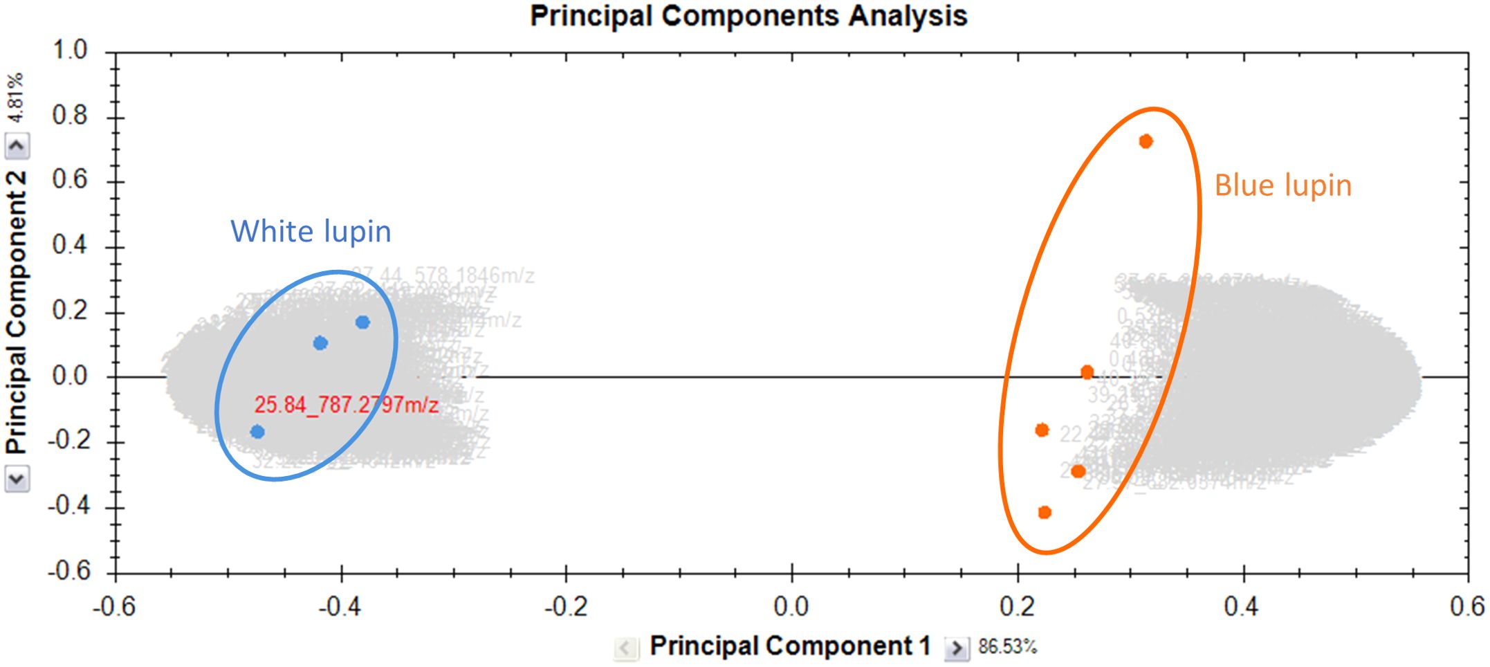 Scatter plot displaying a Principal Component Analysis of lupin varieties. Blue dots represent white lupin, encircled in blue, while orange dots signify blue lupin, encircled in orange. Principal Component 1 accounts for 86.53 percent of variance, and Principal Component 2 accounts for 4.81 percent.