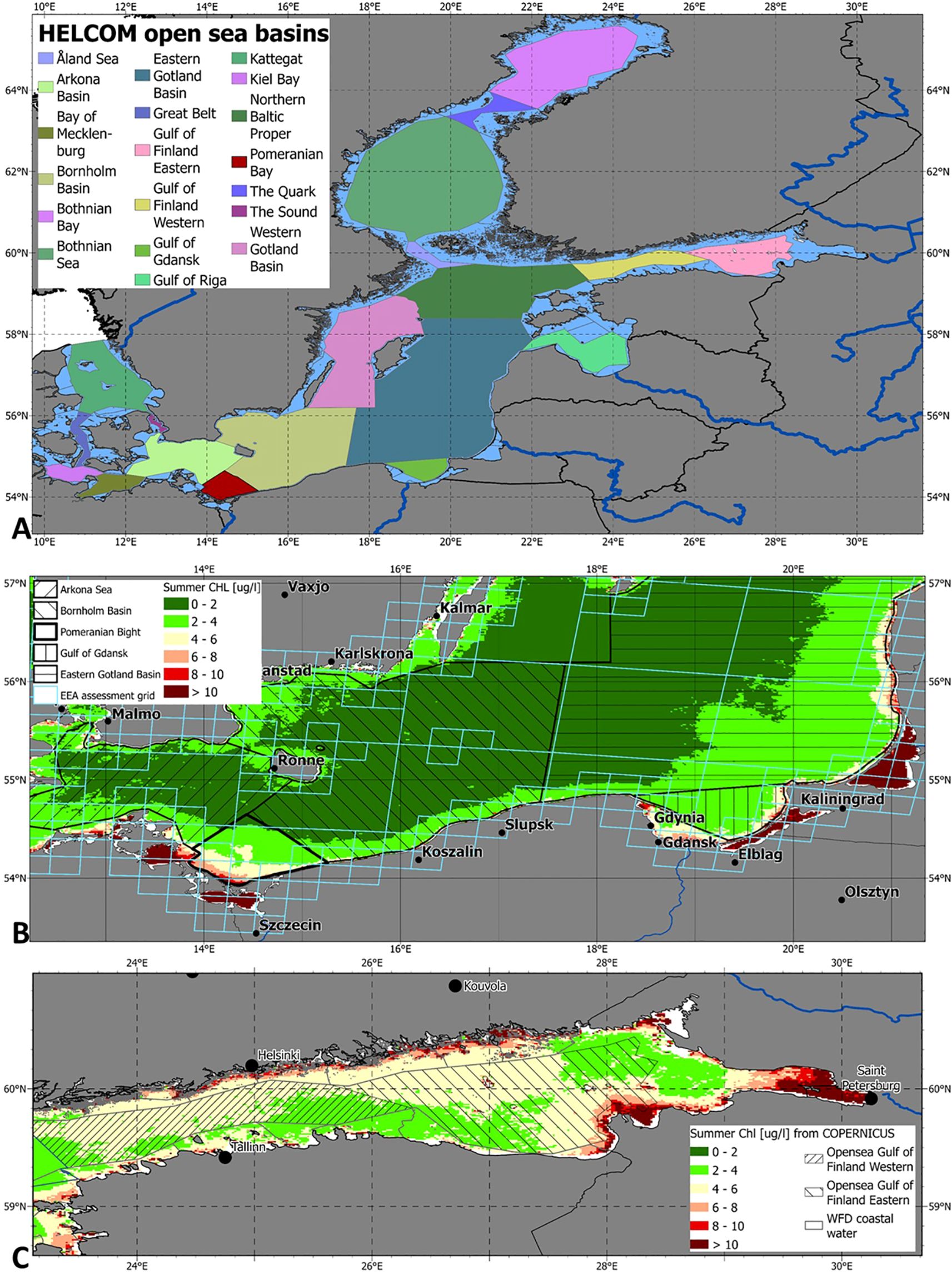 Map A displays HELCOM open sea basins in different colors across the Baltic Sea region, labeled with names like Åland Sea and Gulf of Riga. Map B depicts summer chlorophyll levels across various basins like Arkona Sea and Bornholm Basin, with colors indicating concentration levels. Map C shows summer chlorophyll levels in the Gulf of Finland, with different regions marked similarly by color intensity.