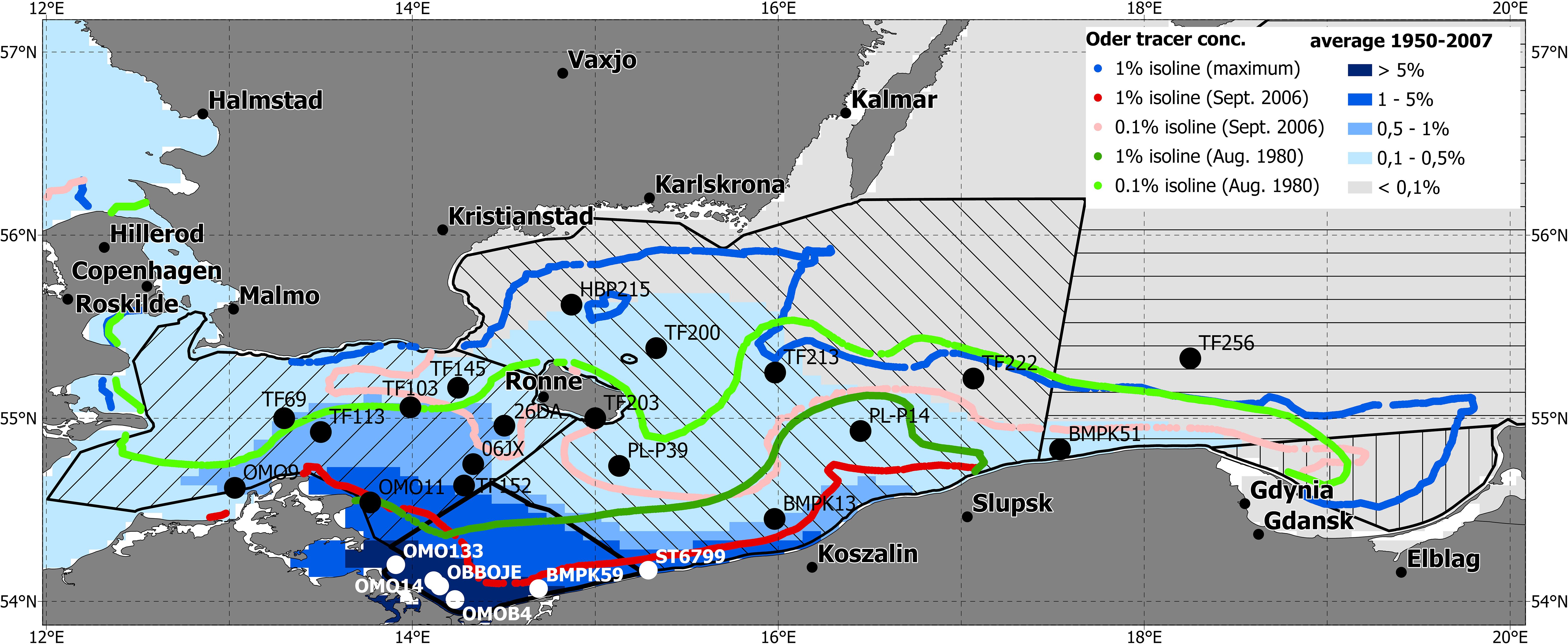 Map of the Baltic Sea region showing Oder tracer concentration from 1950 to 2007. Color-coded isolines represent different concentration levels, with legends indicating maximum and specific years. Cities like Copenhagen, Malmö, and Gdańsk are labeled. Various points with codes like TF222 and OM011 are marked, showing tracer distribution.