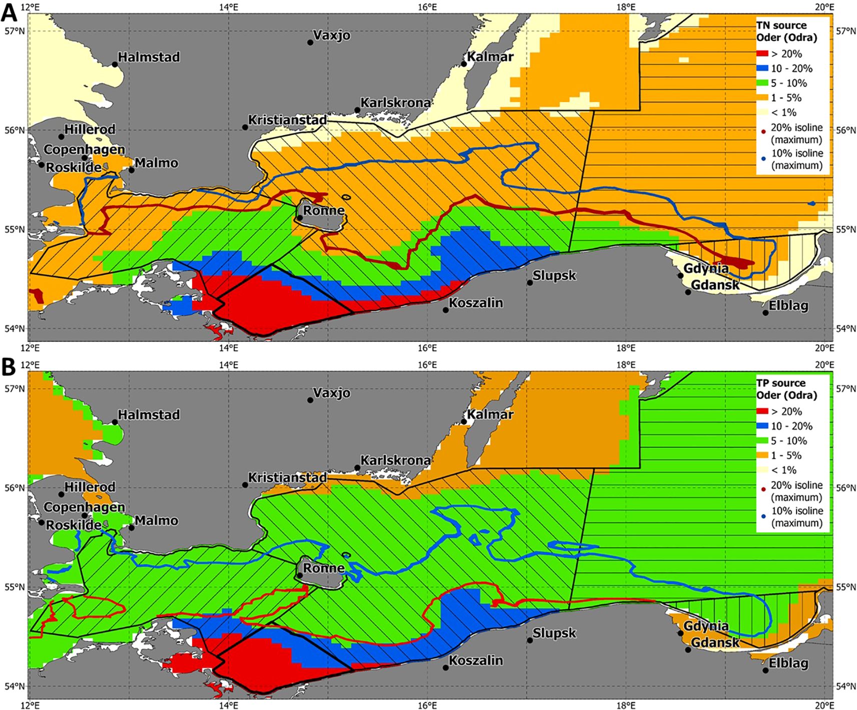 Map A shows total nitrogen (TN) distribution in the Baltic Sea region with color-coding: >20% (red), 10-20% (blue), 5-10% (green), 1-5% (orange), <1% (yellow). Overlaid isolines depict maximum concentrations. Map B illustrates total phosphorus (TP) distribution with the same color scheme. Key locations include Copenhagen, Gdansk, and Kalmar.